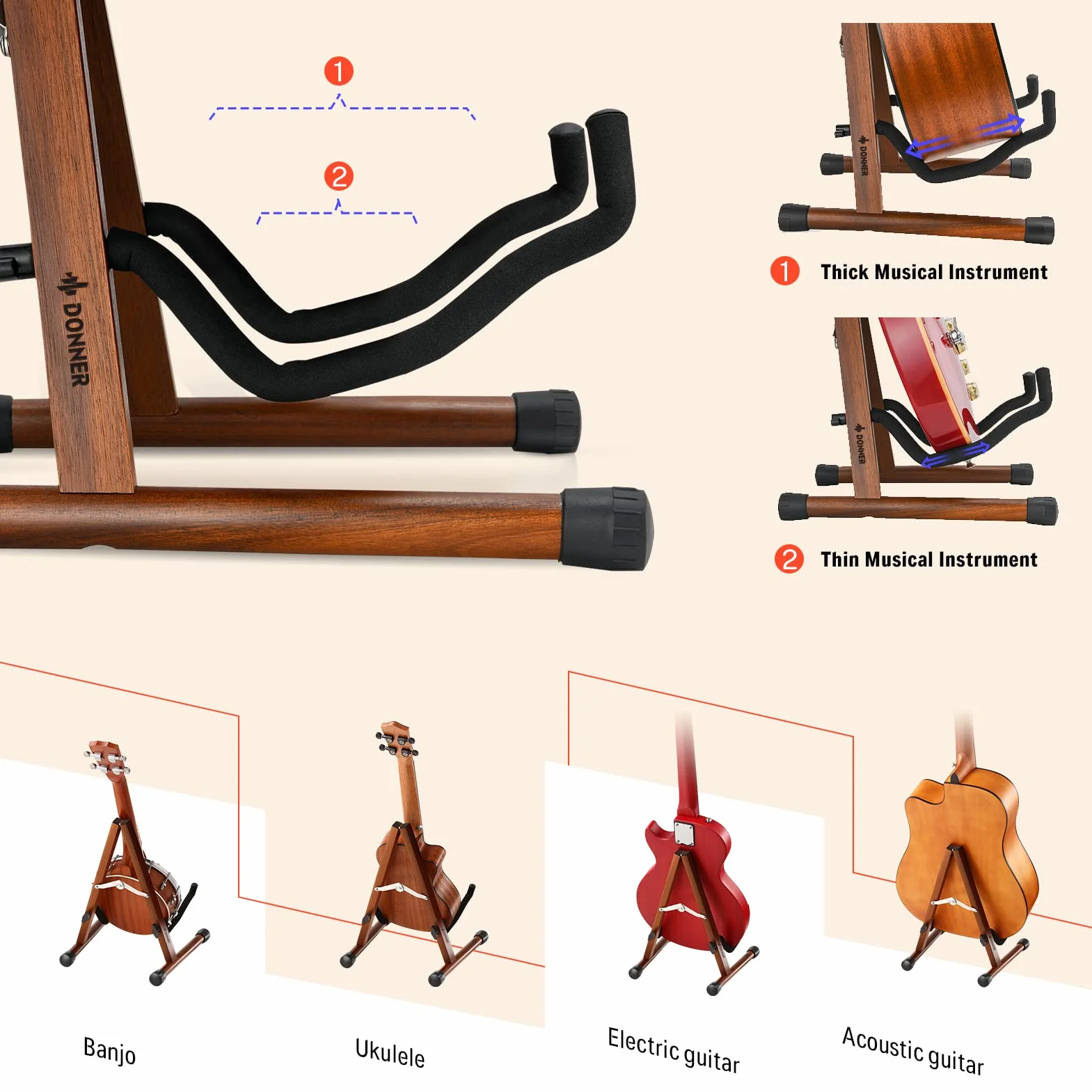 Donner Drewniany stojak na gitarę, akustyczny drewniany stojak na gitarę, rama składany uchwyt na gitarę, regulowany do basu, wiolonczeli, mandoliny, banjo, ukulele