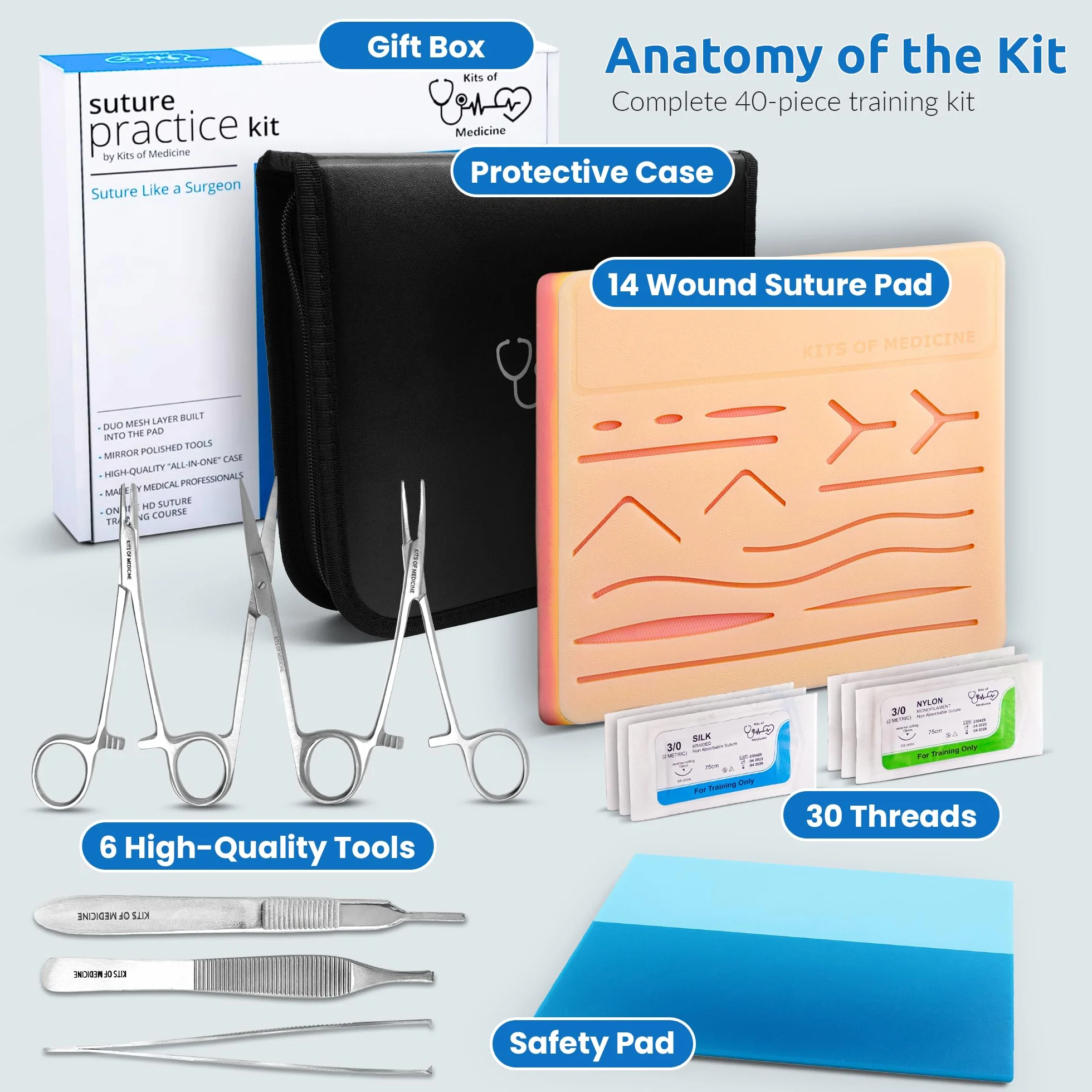 Zestaw szwów | Kits of Medicine | Dołączone przewodniki HD | Kompletny zestaw do ćwiczeń szwów dla studentów medycyny, weterynarzy, pielęgniarek | Wytrzymała silikonowa podkładka na szwy do skóry | Świetny prezent