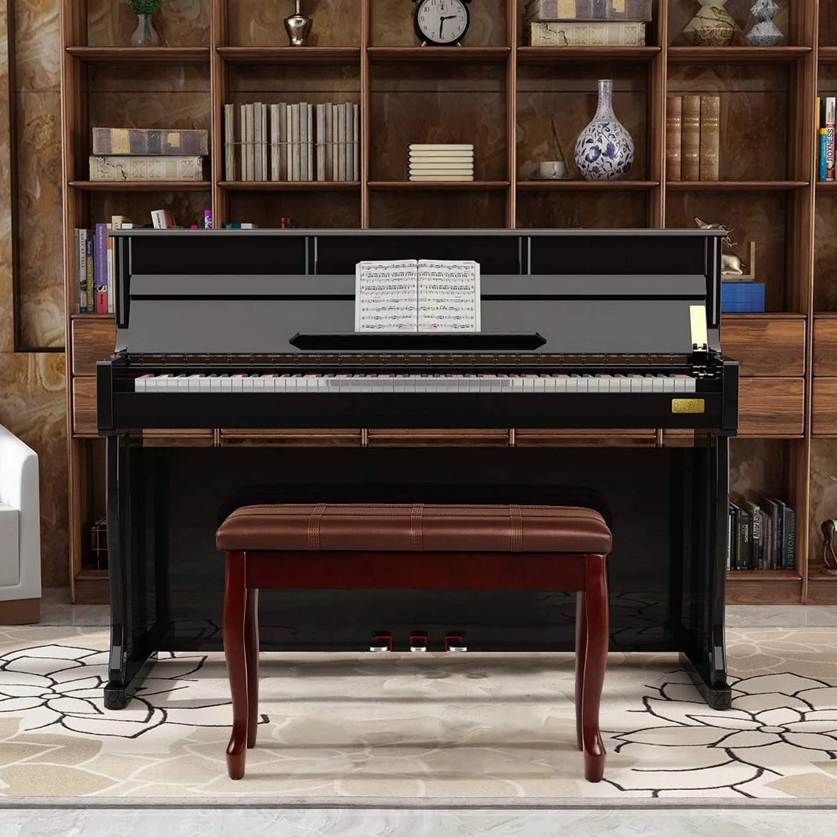 COSTWAY Ławka fortepianowa, taboret fortepianowy z litego drewna, wyściełana, ławka fortepianowa, ławka do siedzenia na keyboardzie, 75 x 35 x 49 cm (brązowa)