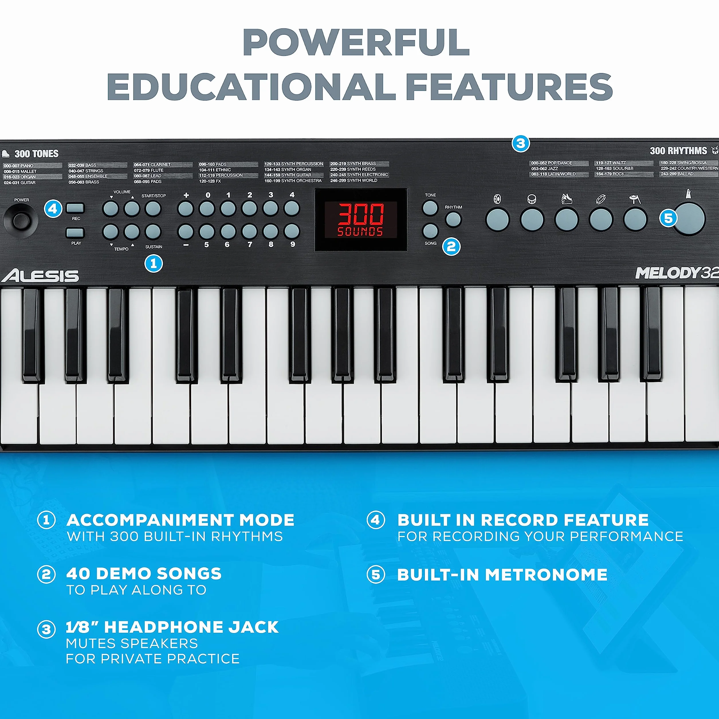 Alesis Melody 32 - Przenośne 32-Klawiszowe Minipianino Cyfrowe/Keyboard z Wbudowanymi Głośnikami, 300 Brzmień, 40 Utworów Demo, Łączność USB-MIDI