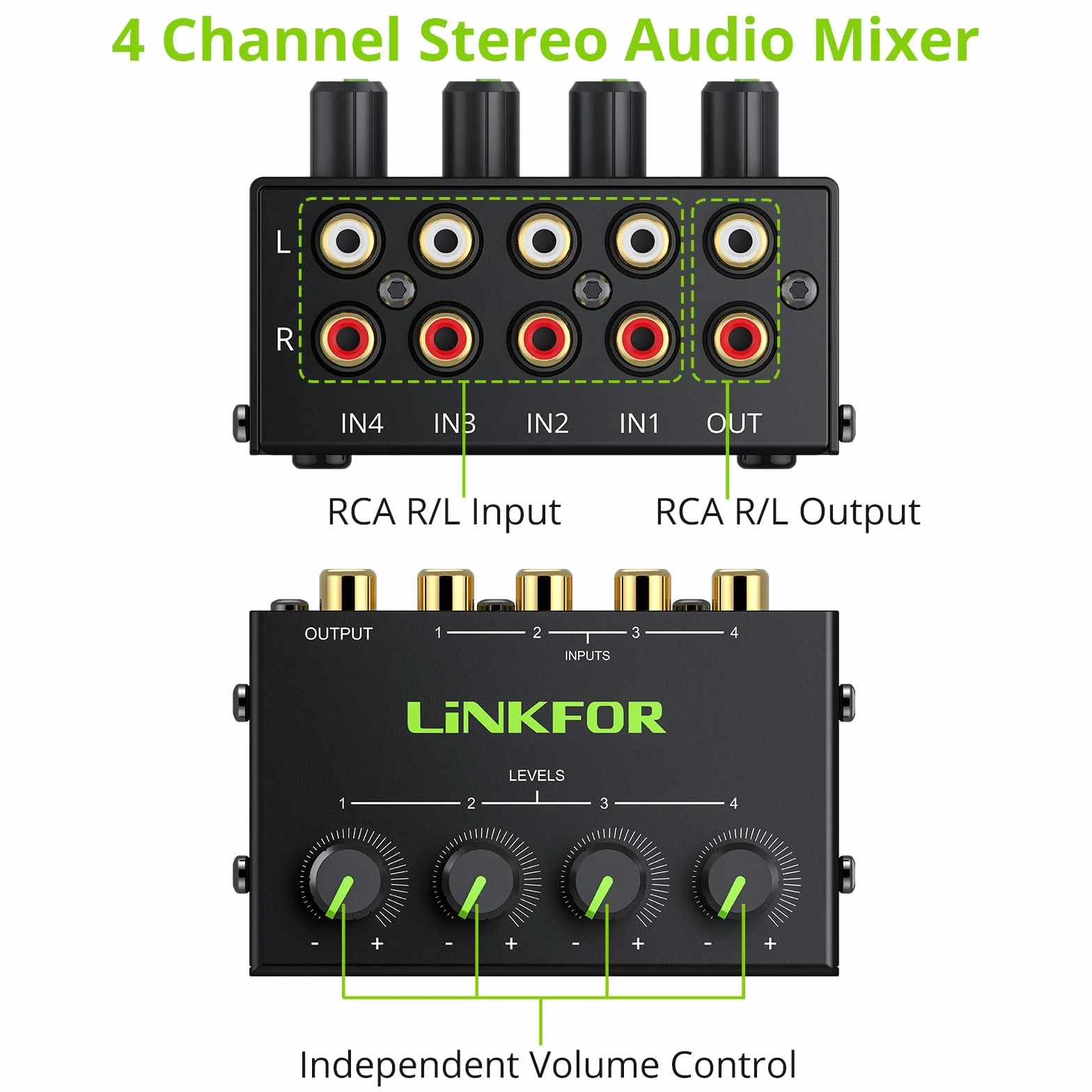 LiNKFOR 4-kanałowy mikser audio stereo CX400 metalowa obudowa obsługuje wejście i wyjście RCA mini pasywny mikser stereo z oddzielnymi regulacjami głośności