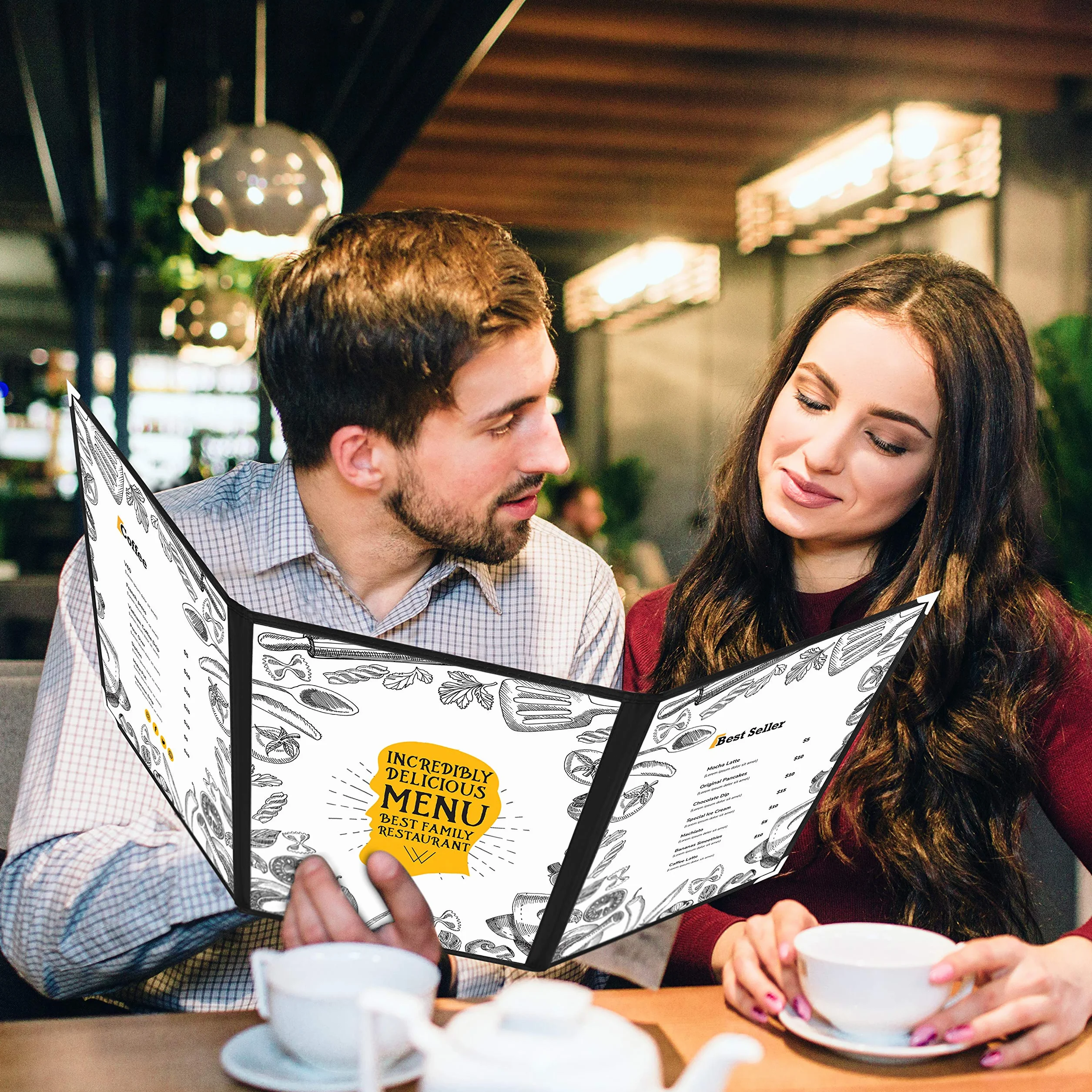 Kurtzy Potrójnie Składane Okładki na Menu A4 (5 Sztuk) - Dwustronne Okładki na Menu w Amerykańskim Stylu - Czarne Okładki na Menu z Ochroną Narożników - Do Restauracji, Barów i Kawiarni