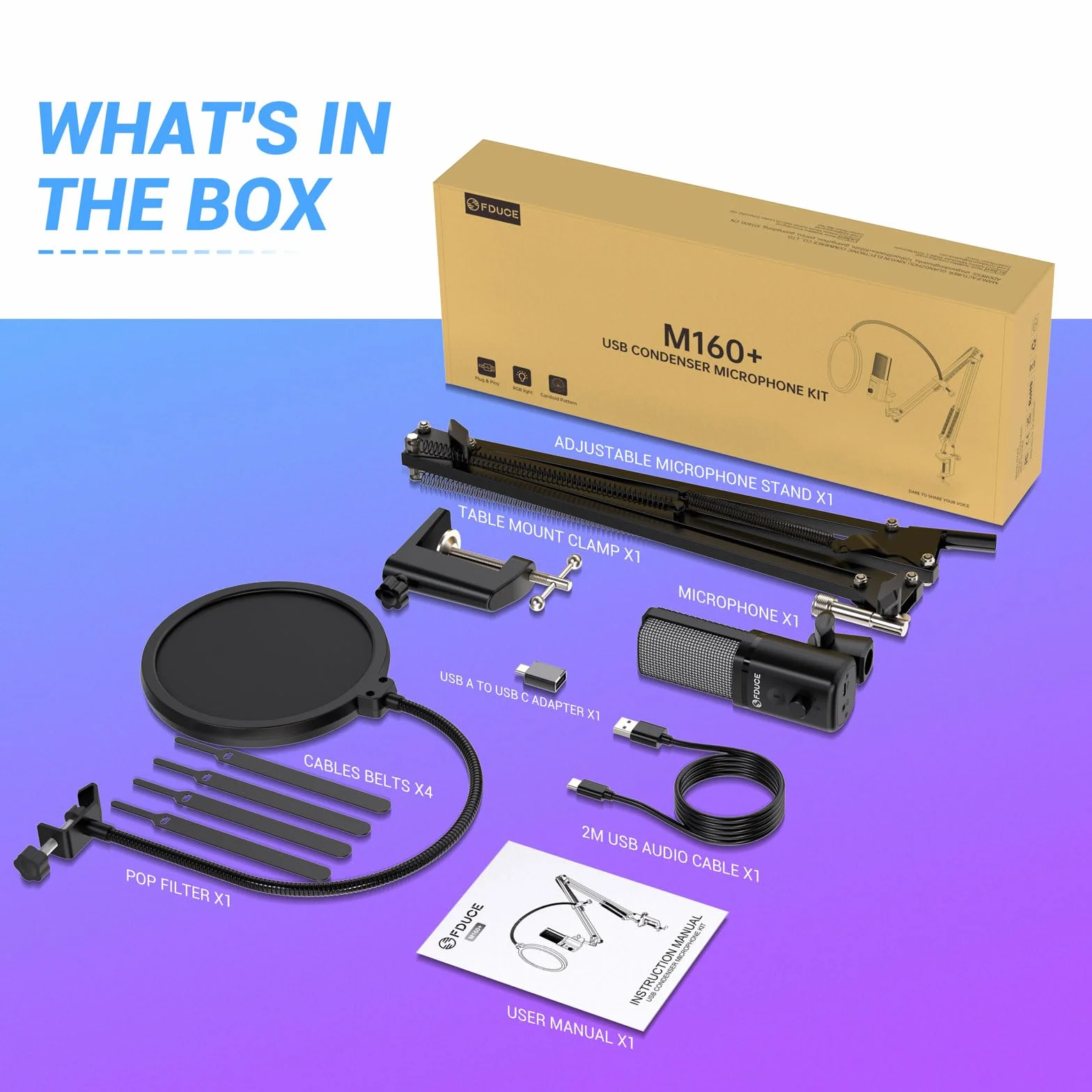 FDUCE M160 Zestaw mikrofonów do gier USB do komputera, pojemnościowy mikrofon podcastowy RGB z gniazdem monitora, szybkie wyciszanie, kontrola wzmocnienia, filtr pop, stojak wysięgnika do nagrywania