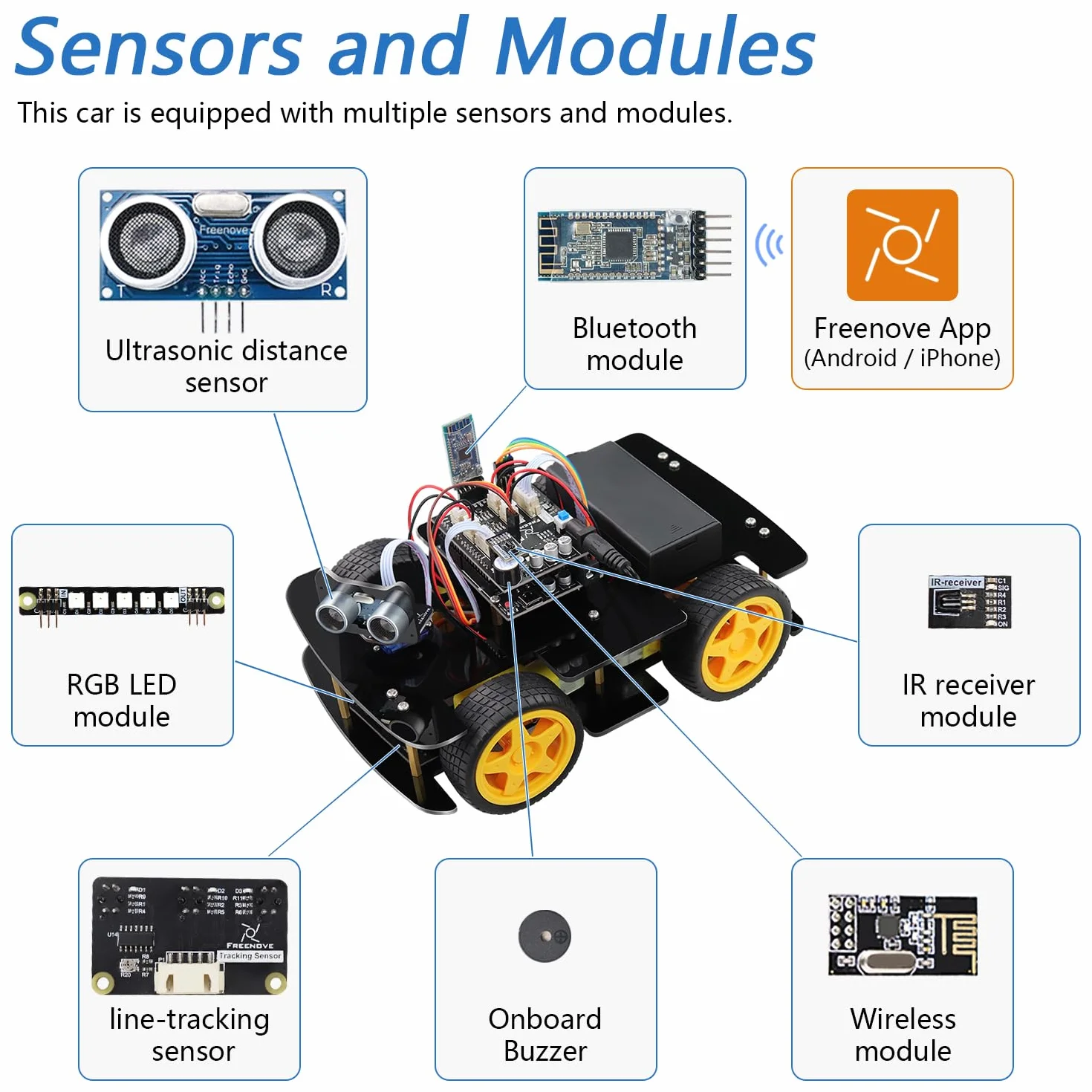 Freenove 4WD Car Kit with Remote (Compatible with Arduino IDE), Line Tracking, Obstacle Avoidance, Ultrasonic Sensor, Wireless Control Motor Servo