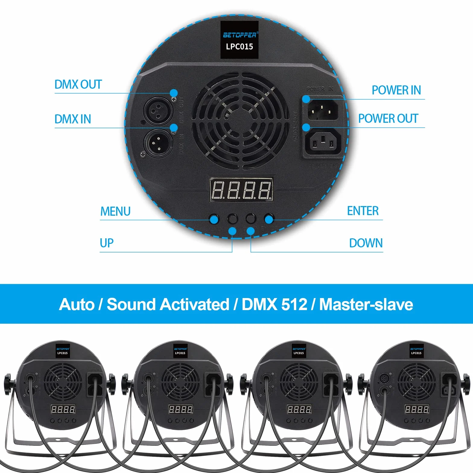 BETOPPER Reflektor LED 54 x 3 W, sterowanie muzyką/DMX512, RGB 3 w 1, 7 kolorów, oświetlenie sceniczne LED, do klubu, baru, na koncert,