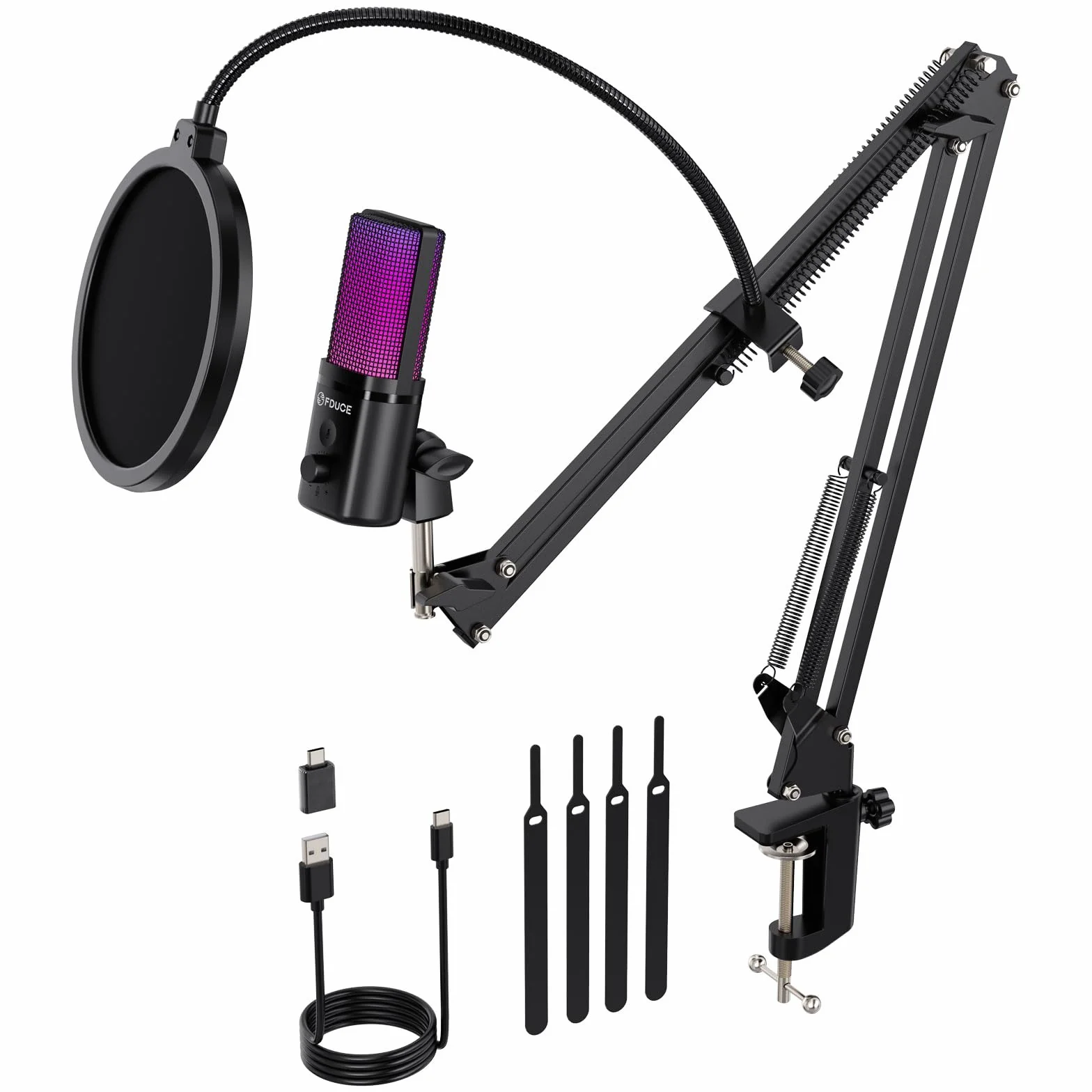 FDUCE M160 Zestaw mikrofonów do gier USB do komputera, pojemnościowy mikrofon podcastowy RGB z gniazdem monitora, szybkie wyciszanie, kontrola wzmocnienia, filtr pop, stojak wysięgnika do nagrywania