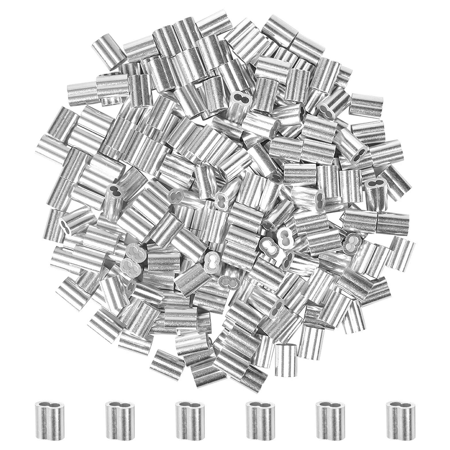 100 sztuk tulejek aluminiowych, aluminiowe zaciski zaciskowe, aluminiowe pętle zaciskowe, zaciski do duszenia z podwójnymi tulejami, zaciski linowe do liny stalowej/kabla stalowego, kolor srebrny (3
