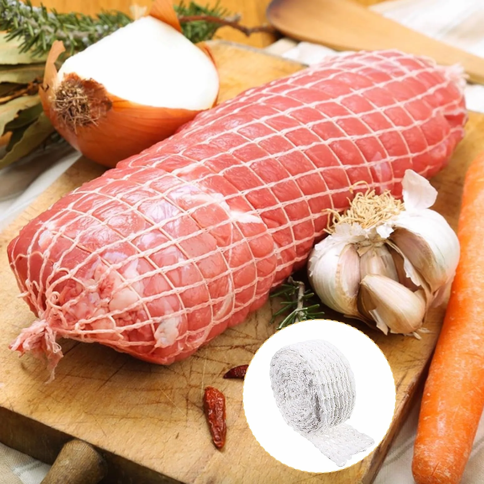 1 sztuka siatka na mięso do wędzenia, siatka na szynkę, siatka na rouladen, odporna na wysokie temperatury i elastyczna siatka wędzarska (5 m, 18 otworów)