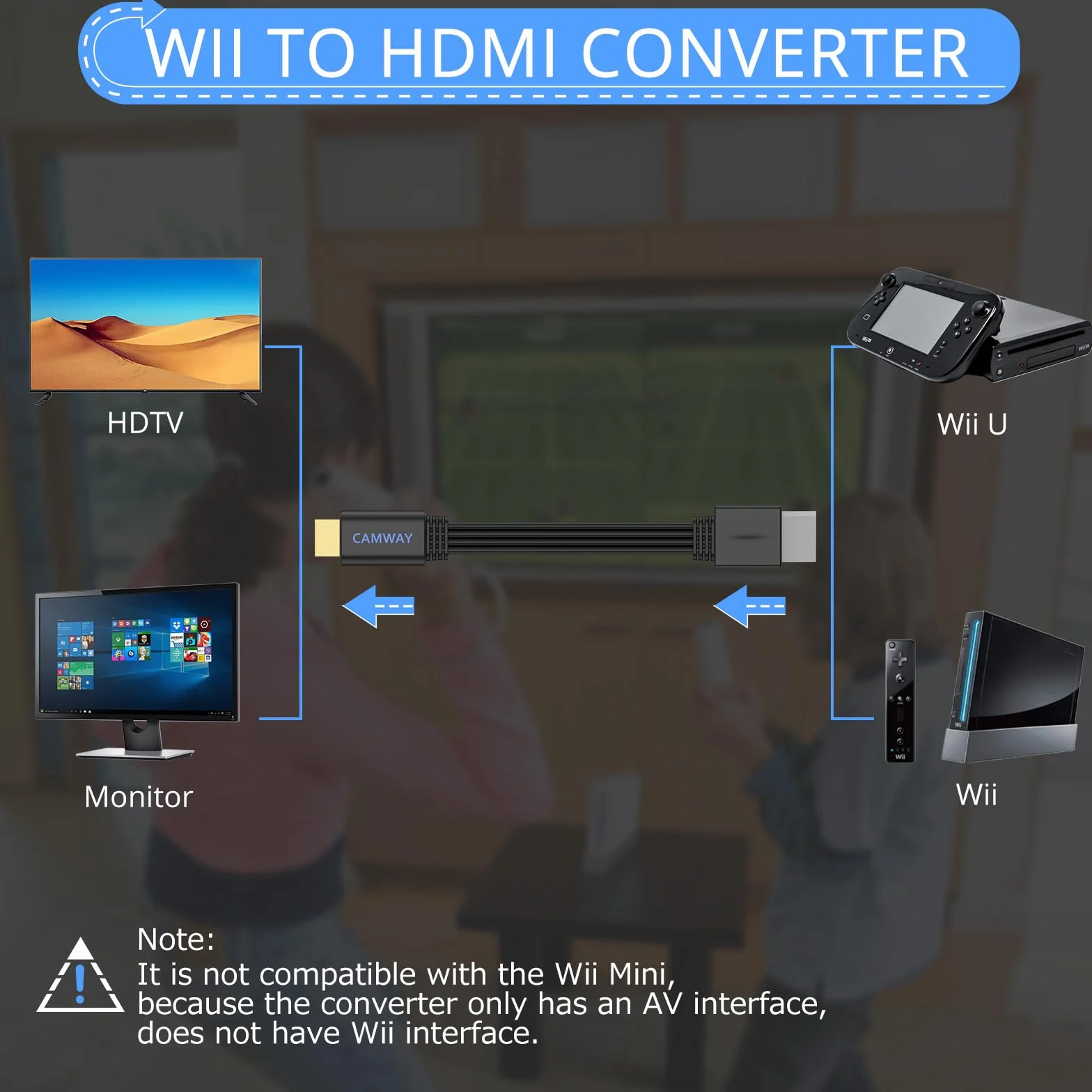CAMWAY Konwerter Wii na HDMI 1080P/720P z kablem 150 cm, obsługuje NTSC 480i/480p, Pal 576i, Wii na HDMI do telewizora HDTV i monitora, Plug i Paly, kolor czarny