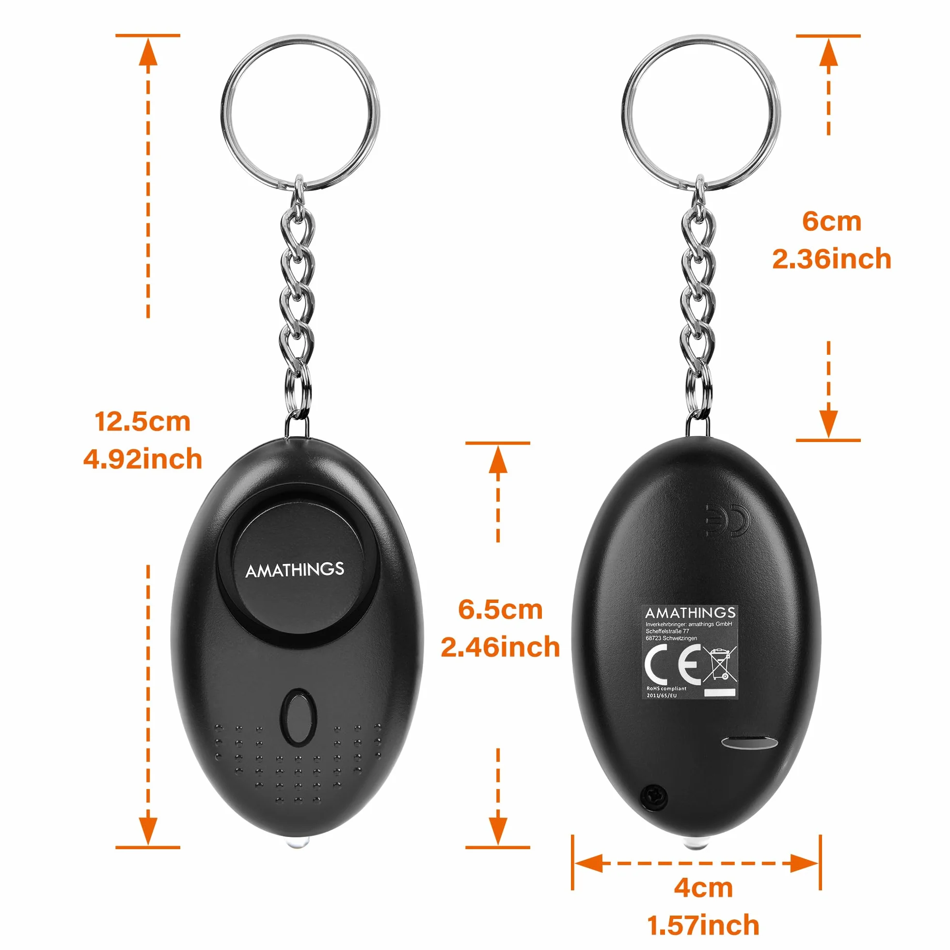 AMATHINGS Zestaw bezpieczeństwa 2w1: 130 dB alarm kieszonkowy i ergonomiczny Kubotan – kompleksowa ochrona dla kobiet i seniorów – Dyskretny zestaw do samoobrony do torebki i breloczka – Czarny