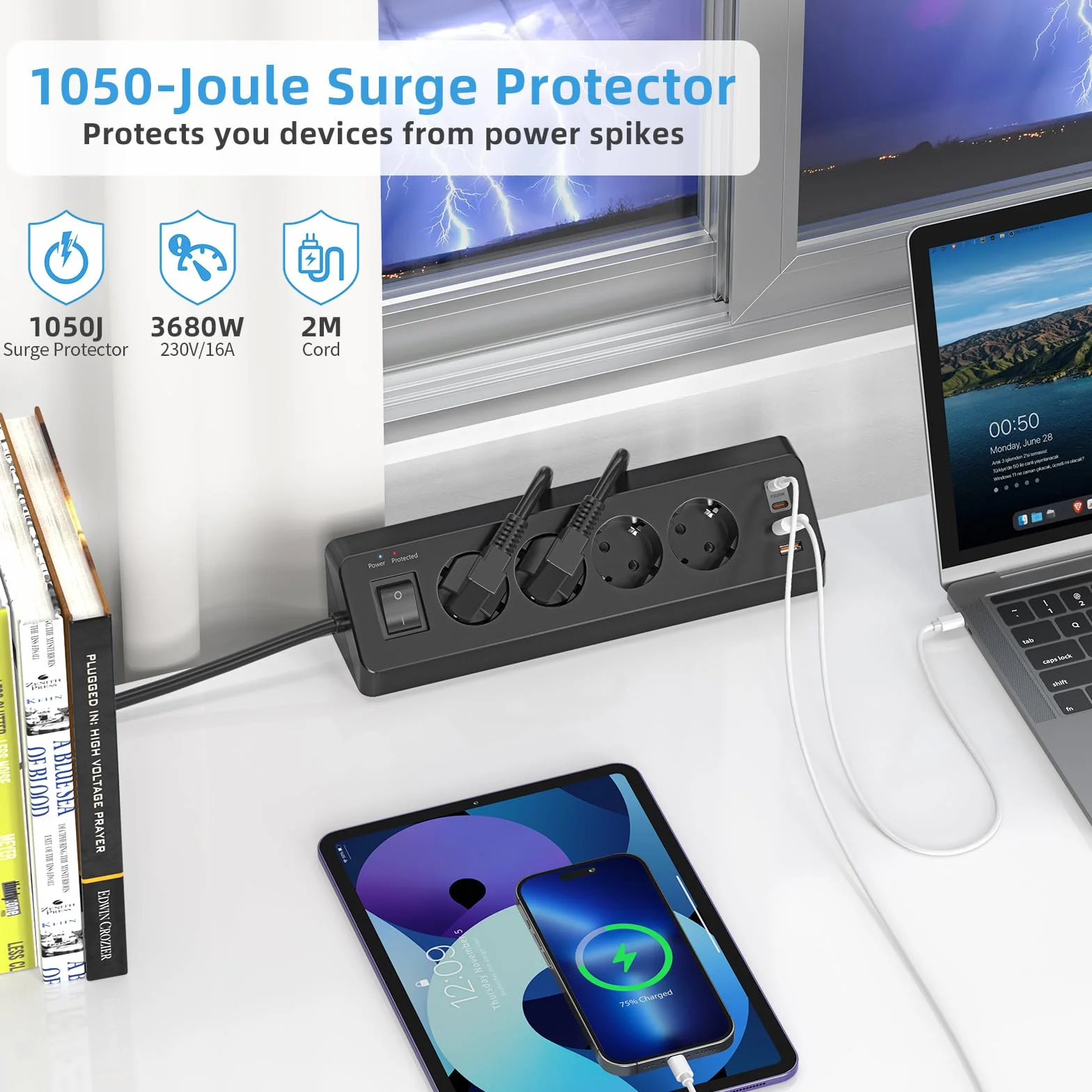 Gniazdo wtykowe stołowe z USB C (PD 20 W), listwa zasilająca 8 w 1, biurko z przełącznikiem, 4 wtyki, 4 gniazda USB, ochrona przed przepięciem, kabel 2 m, do domu, biura (czarne)