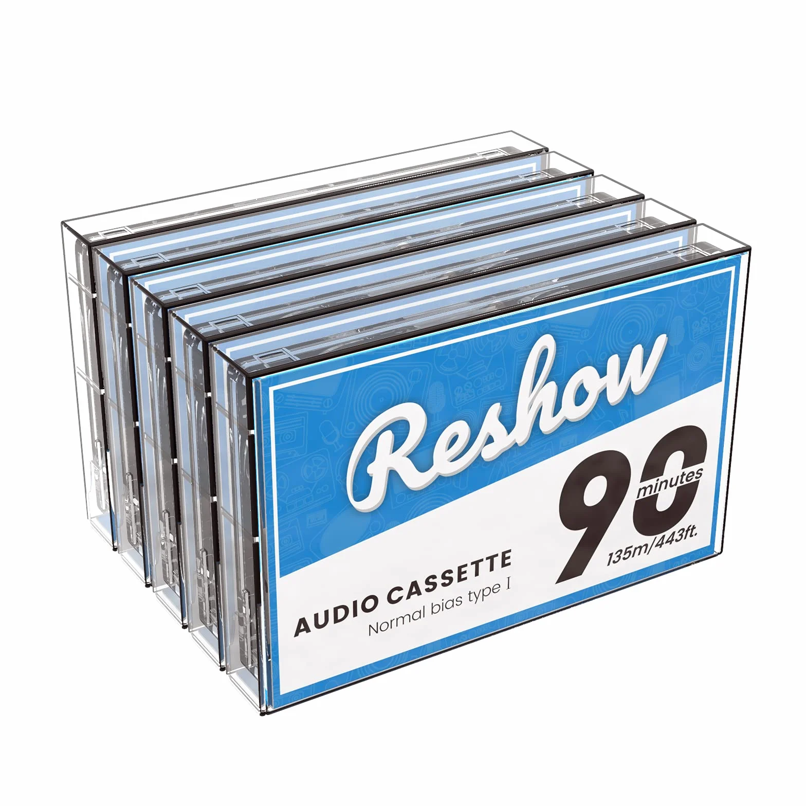 Reshow Kasety audio, niski poziom hałasu, wysoka wydajność, 90 min, puste kasety z pojedynczym, przezroczystym plastikowym etui na kasetę, idealne do codziennego nagrywania (5 szt.)