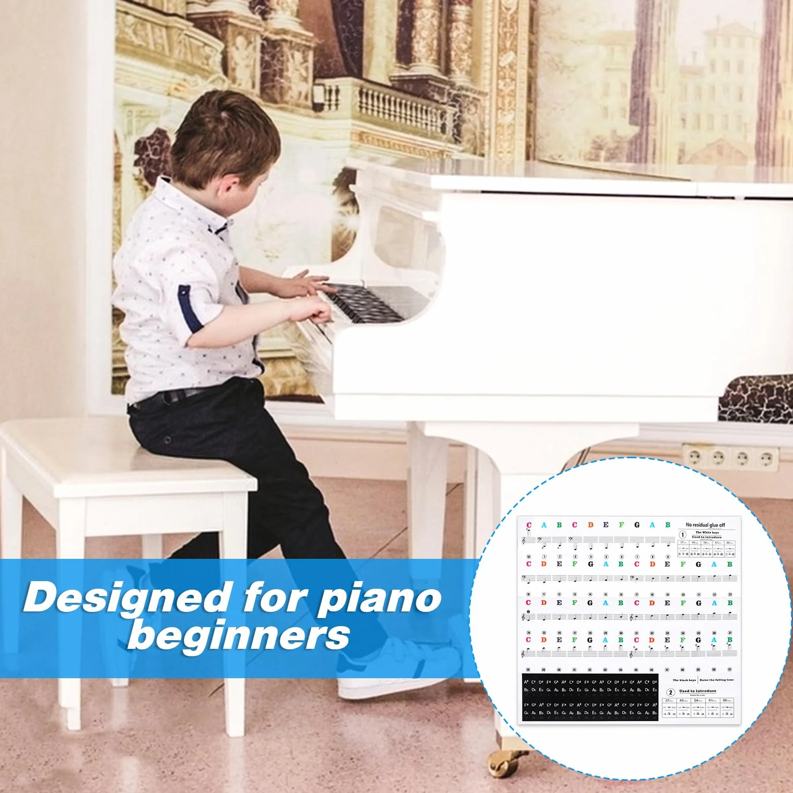 Amabro Wodoszczelne naklejki na klawiaturę fortepianową, 37/49/54/61/88 klawiszy, przezroczyste, zdejmowane litery klawiatury fortepianowej, litery wielokrotnego użytku, etykiety na nuty, naklejki