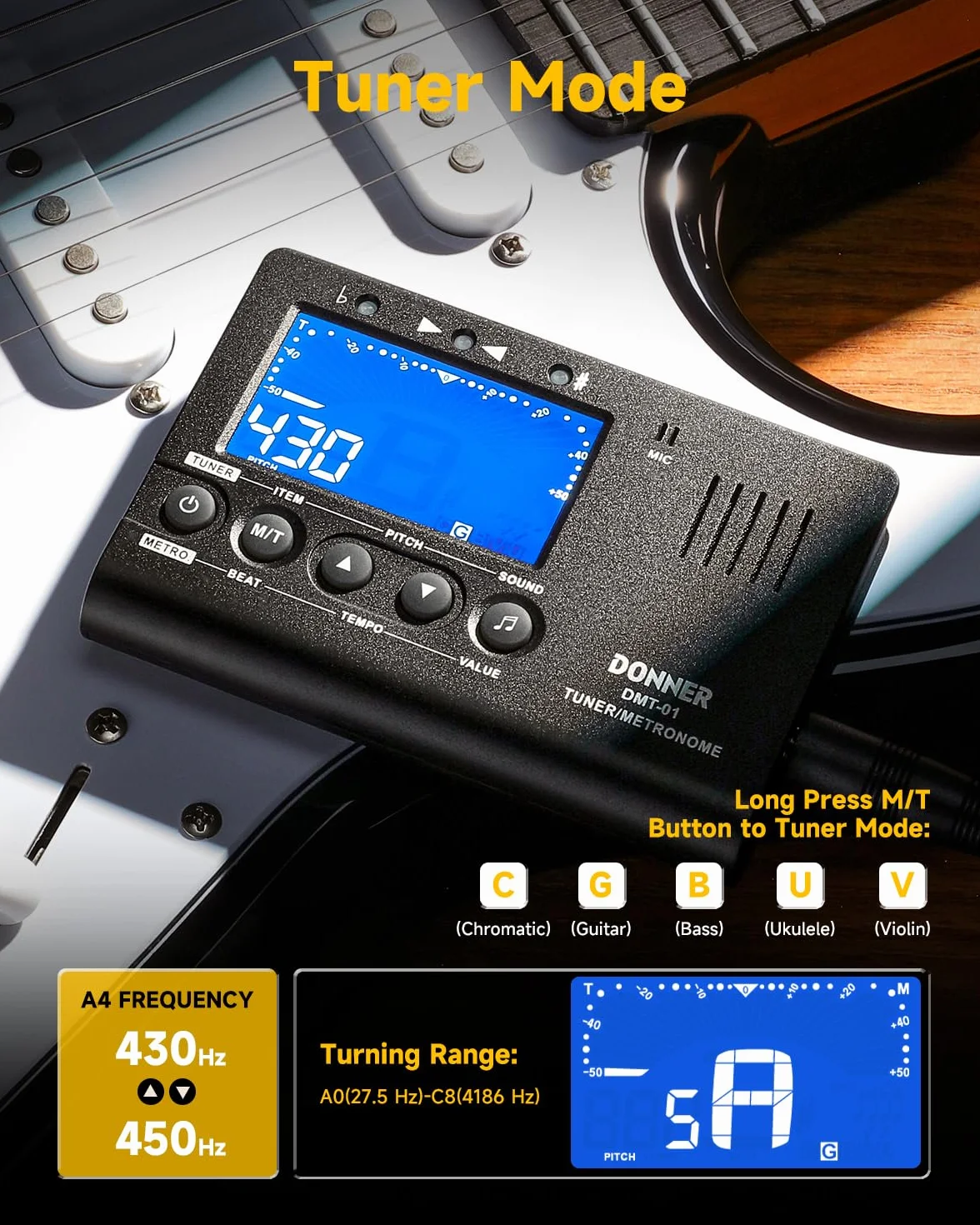 Donner Tuner metronomowy do wszystkich instrumentów, gitara, bas, skrzypce, ukulele, trąbka, chromatyczny, klarnet, flet, cyfrowy metronom 3 w 1, z tunerem/metronomem/generatorem tonów, DMT-01