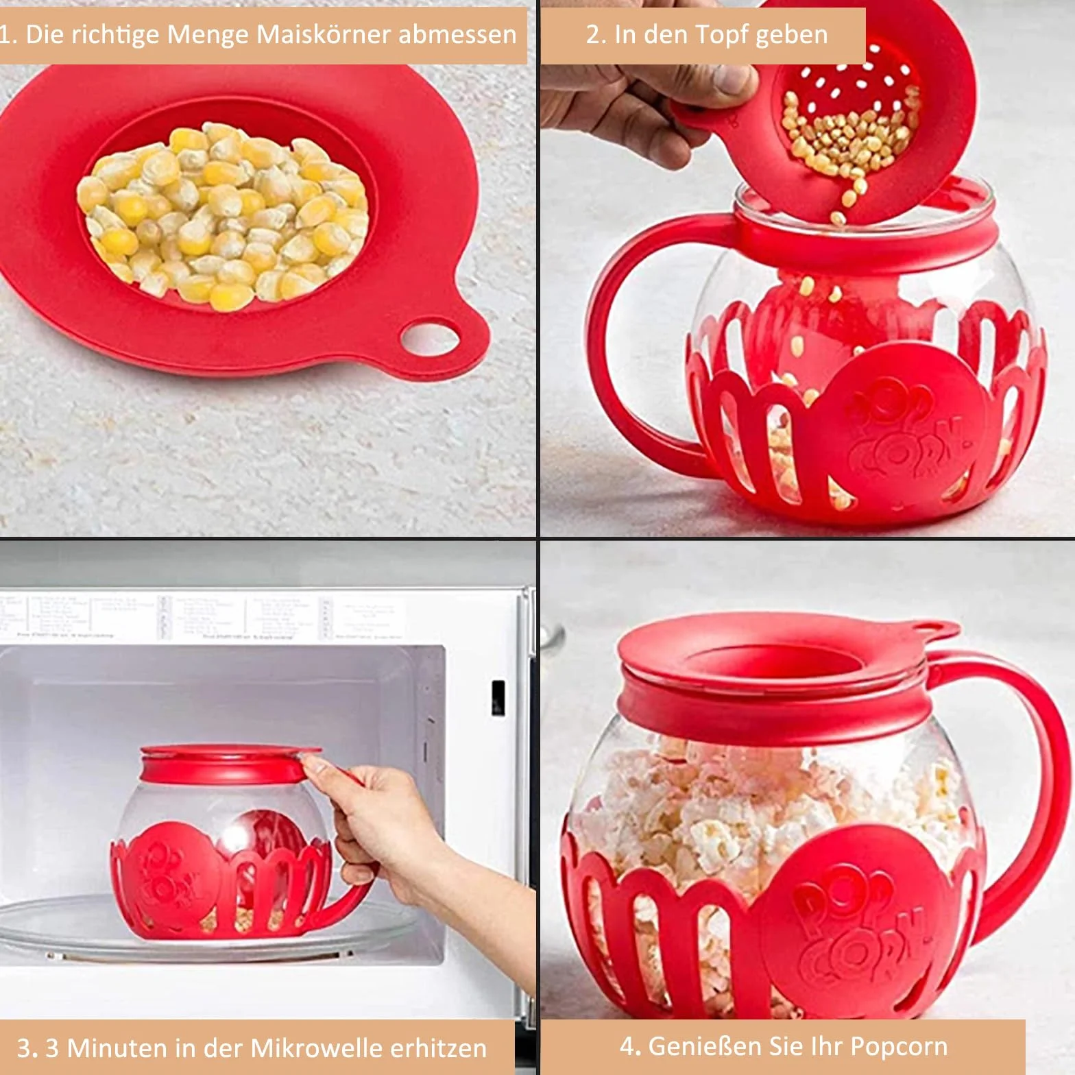 Kuchenka mikrofalowa, słoik na popcorn z pokrywką, 2,13 l, nadaje się do zmywarki, na spotkania, imprezy, piknik, czerwony