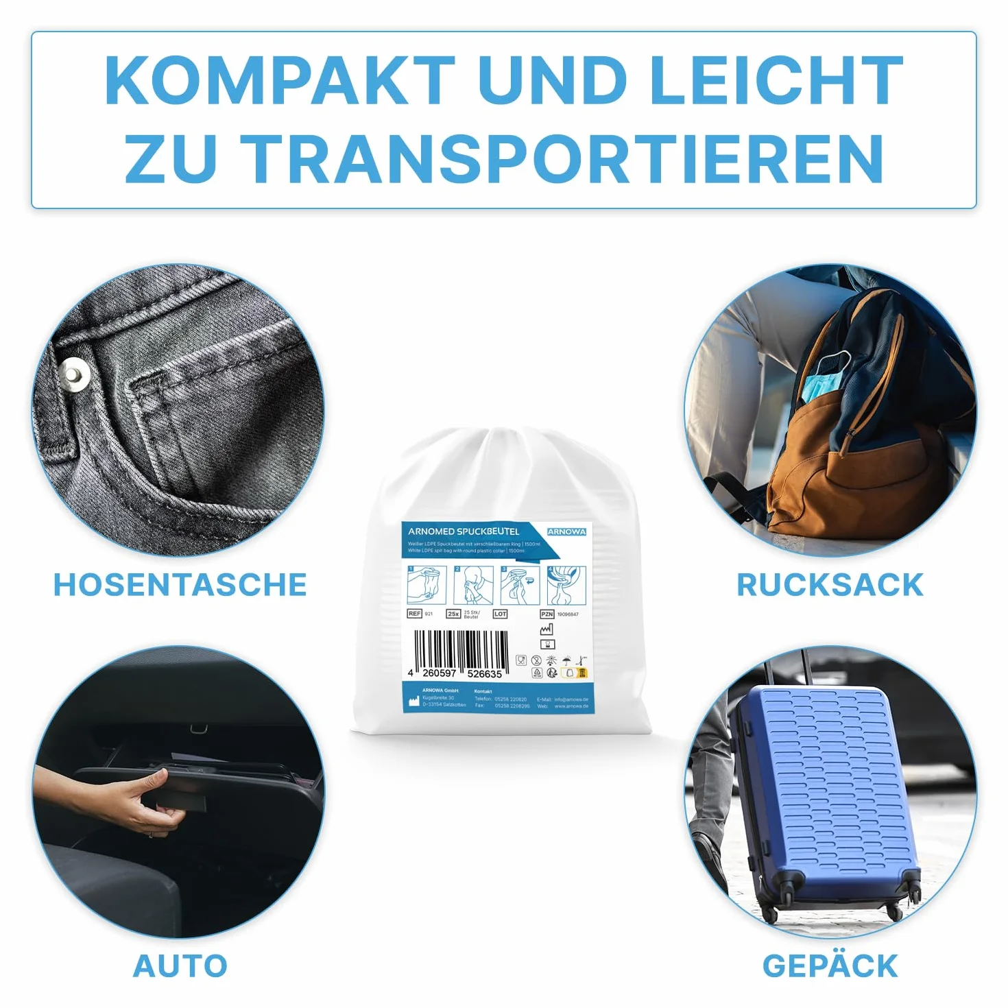 ARNOMED® Worki na wymioty z pierścieniem, jednorazowe torebki na wymioty LDPE dla dorosłych i dzieci, szczelne worki na wymioty do podróży, worki medyczne, 25 sztuk