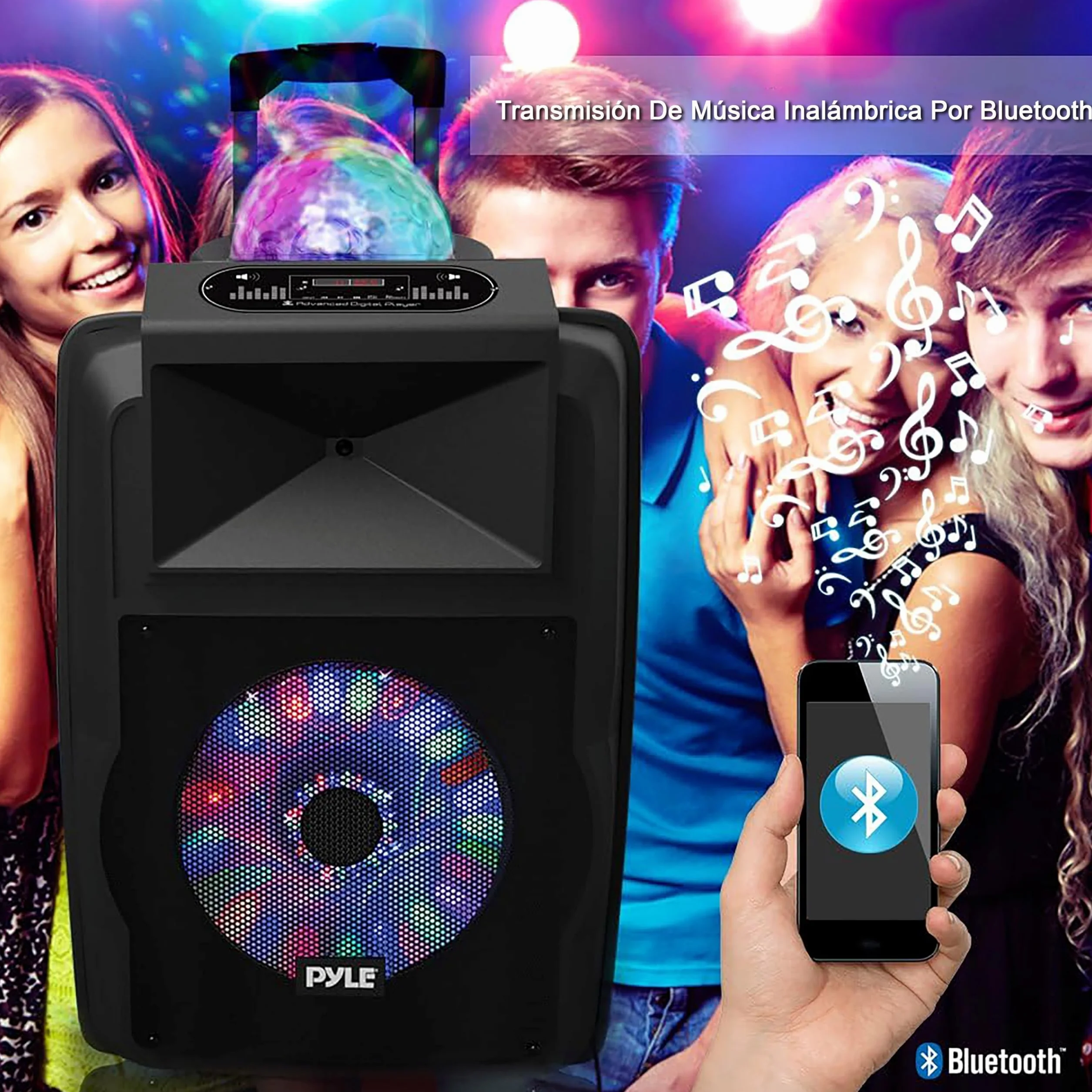 Pyle Głośnik Bluetooth 700 W aktywny przenośny z akumulatorem do karaoke zestaw mikrofonów MP3 USB micro SD radio FM AUX światła DJ