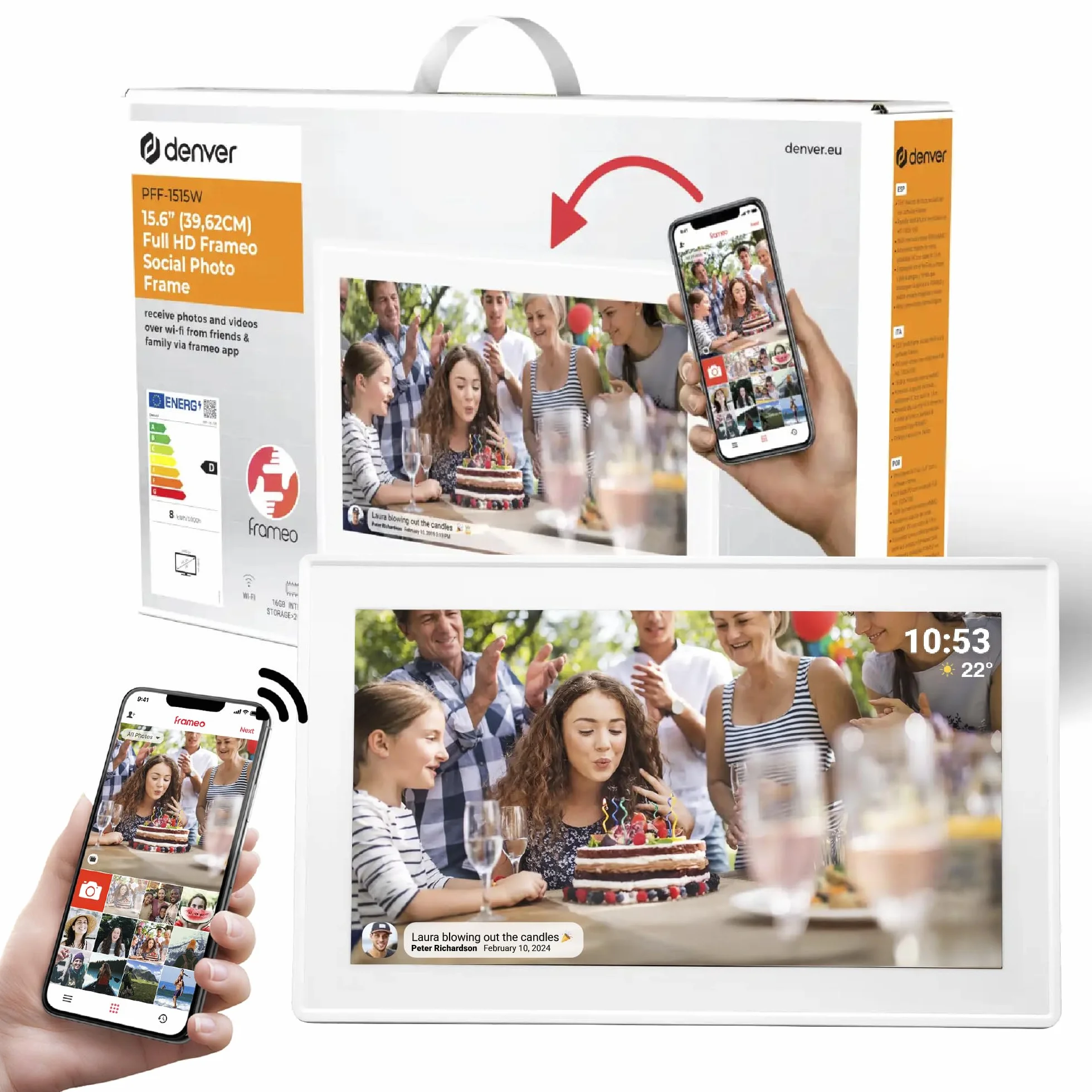 Denver PFF-1515W cyfrowa ramka na zdjęcia Wi-Fi – ekran dotykowy Full HD IPS 15,6", zintegrowane oprogramowanie FRAMEO, bezprzewodowe udostępnianie, automatyczne wyłączanie nocne, pamięć 16 GB, biała
