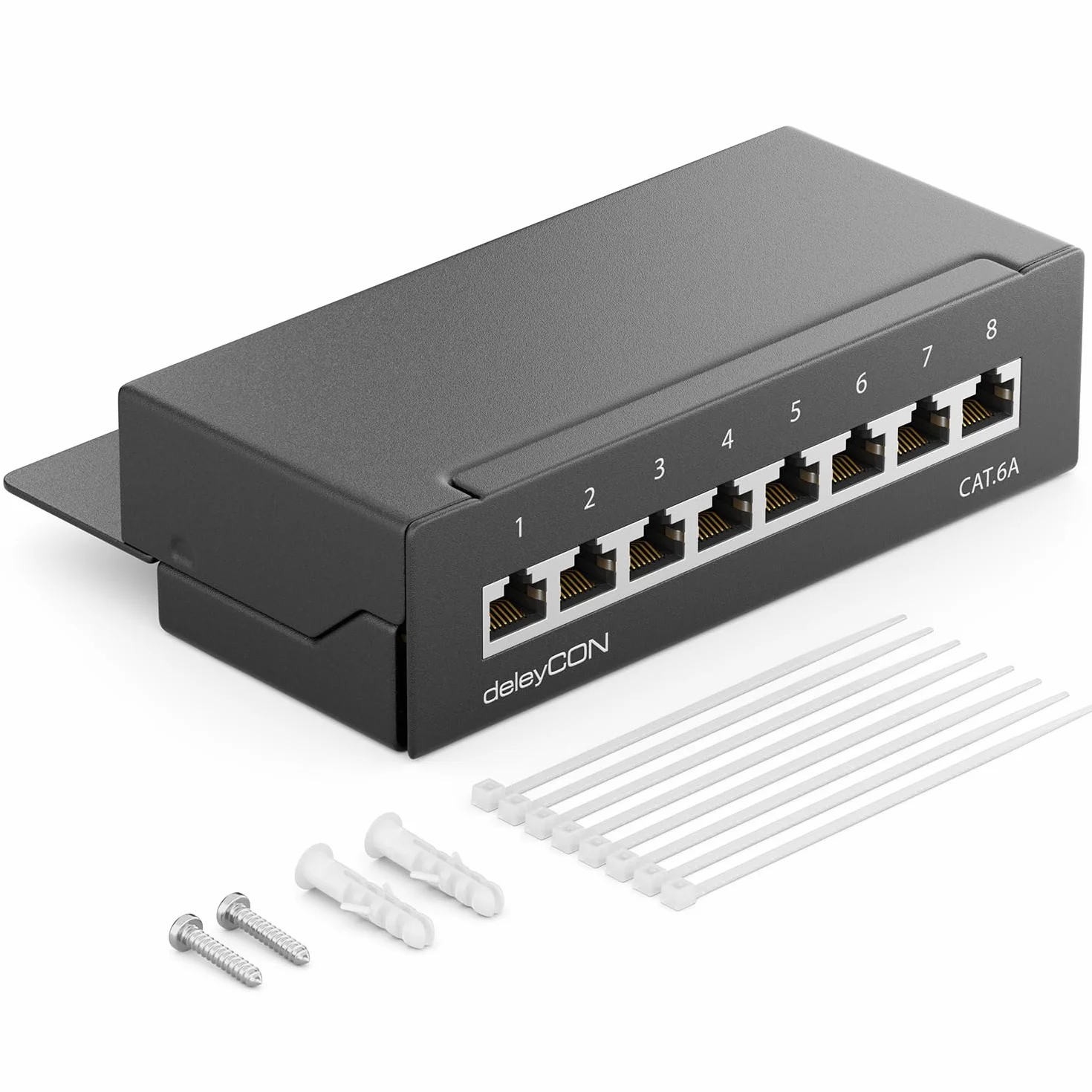 deleyCON CAT 6a Patch Panel Krosownica 8 Portów - na Biurko i na Ścianę Ekranowany 8x RJ45 Jack - TIA568A TIA568B - Czarny