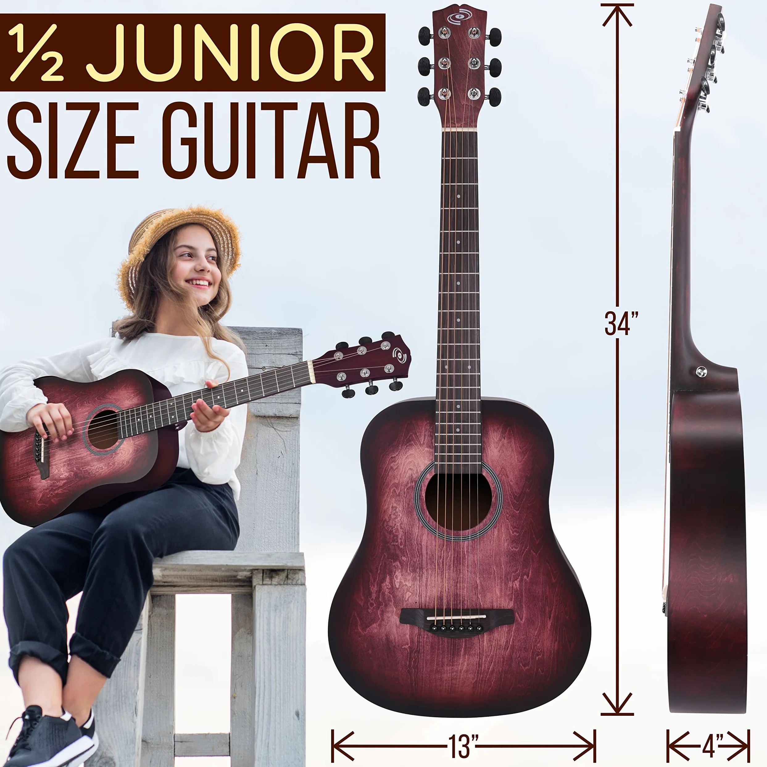 Pyle Gitara akustyczna dla dzieci 1/2 rozmiar 81 cm Dark Cherry Burst zestaw do gitary dla początkujących, gitara klasyczna dla dzieci, z torbą na koncert, pasek, stroik, struny