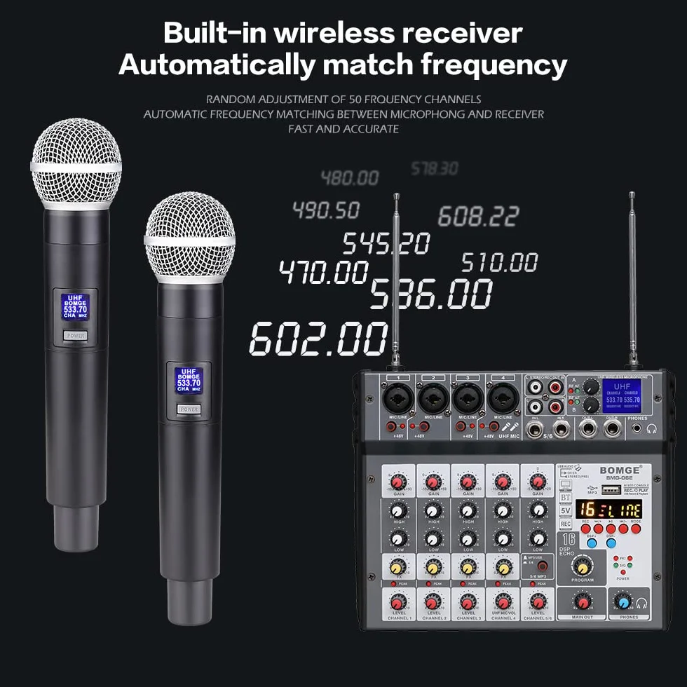 BOMGE 6-kanałowy mikser konsoli audio DJ z bezprzewodowym mikrofonem Dua UHF, USB, Bluetooth, fantomem 48 V, 16 Echo/opóźnienie, do nagrywania w studiu domowym, DJ, sieci, karaoke, gitara PC