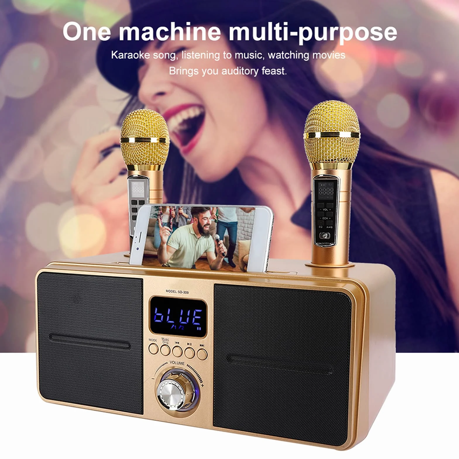 Przenośny zestaw mikrofonów do karaoke z podwójnym mikrofonem bezprzewodowym, Bluetooth 4.2, karta pamięci, AUX, dysk flash USB do domowej karaoke, spotkania, imprezy, kościoła itp. (złoty)