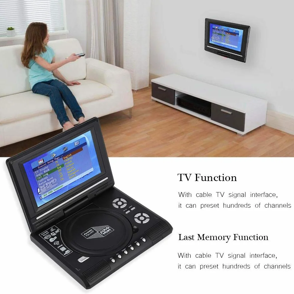 Przenośny odtwarzacz DVD, 7-calowy obrotowy ekran LCD HD TV z wbudowanym odczytem kart do lotów, podróży drogowych, obsługa DVD, SVCD, CD, CD-R/RW, samochodowy odtwarzacz DVD (EU)