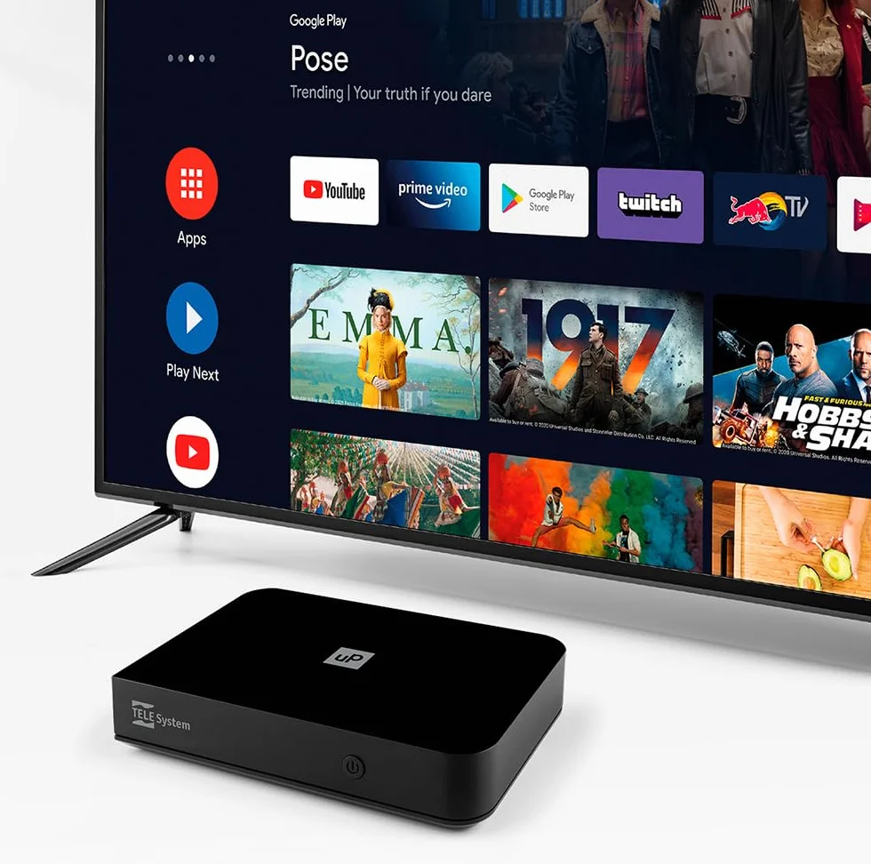 TELE System UP T2 4K: Cyfrowy dekoder naziemny ULTRA HD Android TV, aktualizacja Smart TV, tuner DVB-T2 HEVC HDR10+HLG, w zestawie adapter HDMI/SCART - certyfikat Google