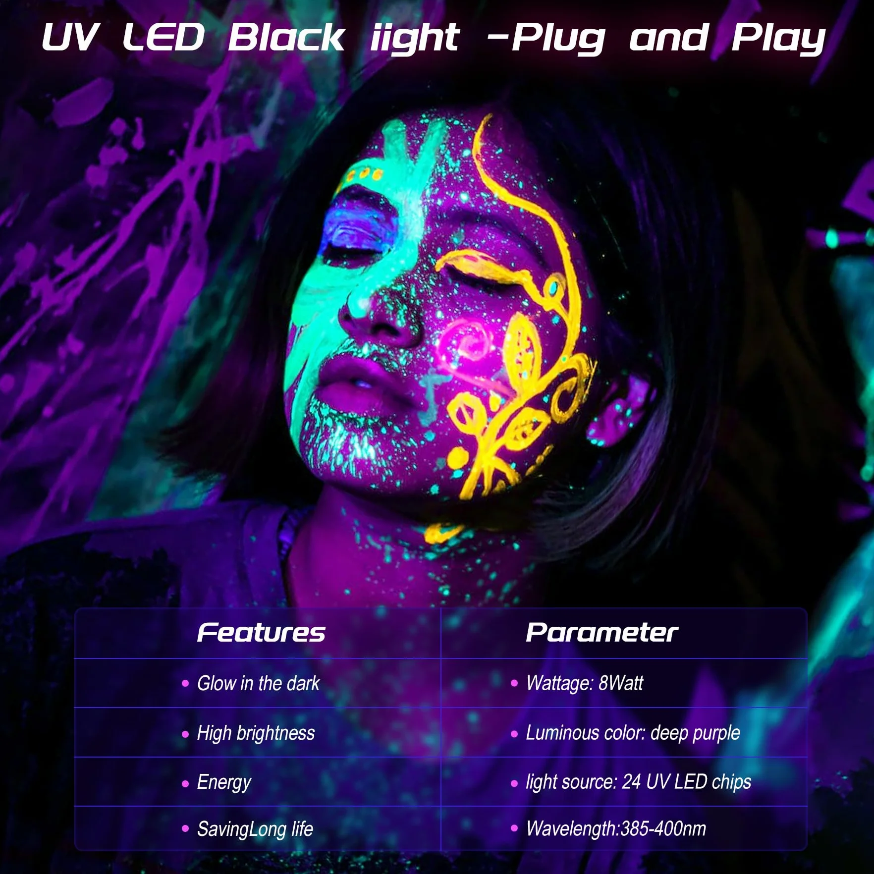 VAYALT 2 sztuki lamp UV z czarnym światłem, 8W USB UV LED lampa z czarnym światłem 385-400 listwa z czarnym światłem, rurka UV z przełącznikiem na dyskotekę, imprezę świecącą, akcesoria imprezowe