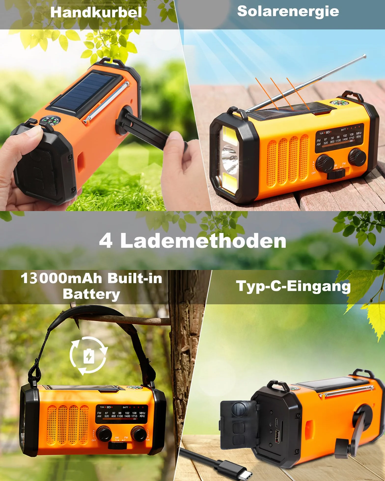48100mWh/13000mAh Solarne Radio Awaryjne z Korbą Ręczną, 4 Kierunkowy Przenośny Akumulator AM FM Radio,ładowarka do Telefonu,Latarka i Lampka do Czytania,SOS,Kompas dla Przetrwanie Czarnout Kempingowy