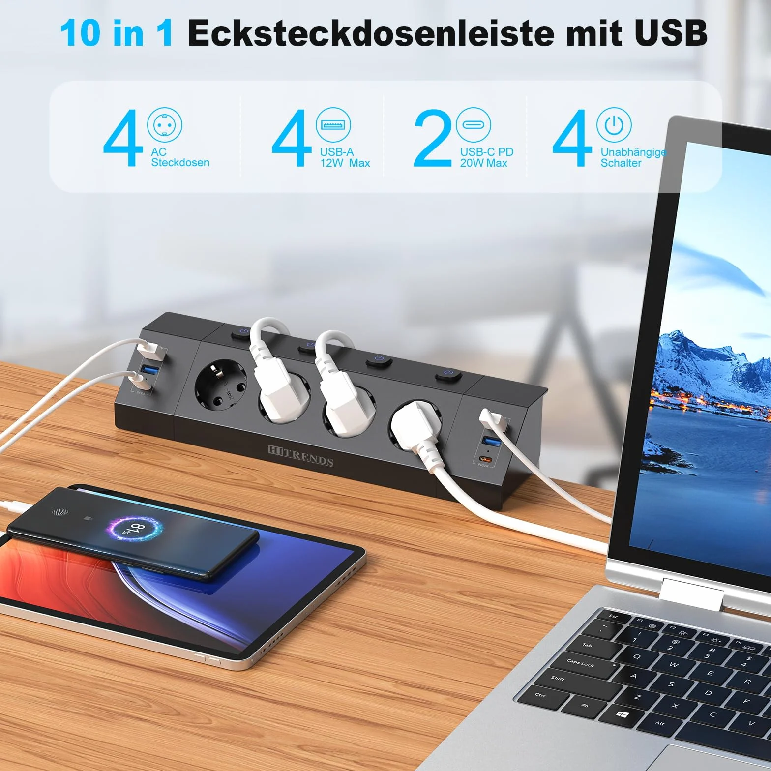 Gniazdko biurkowe z USB C PD 20W, listwa zasilająca z 4 pojedynczymi przełącznikami, 4-krotne gniazdko narożne z 6 USB, płaska wtyczka wielogniazdko montaż ścienny z kablem 2M, czarne