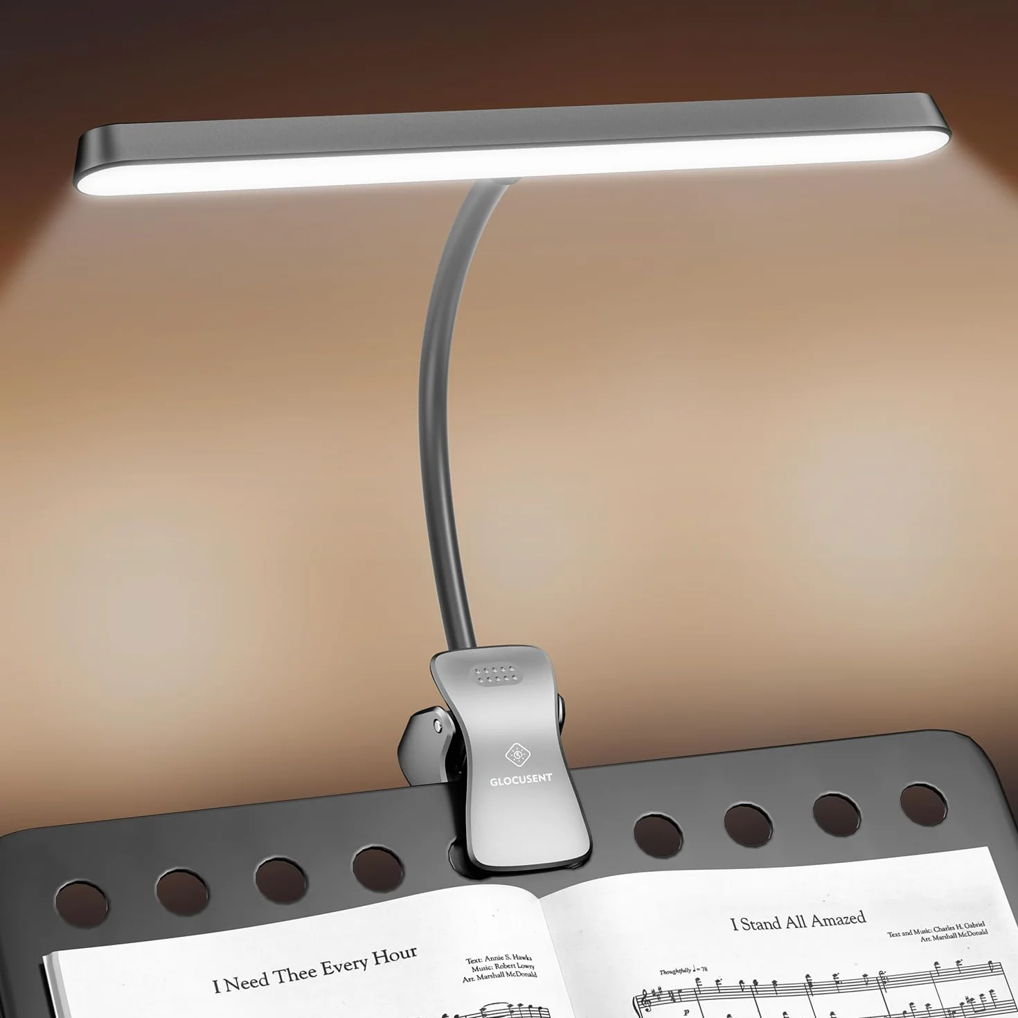 Glocusent 57 LED muzyczna lampa do stoiska, lampa fortepianowa z zaciskiem, 3 kolory i 5 jasności, ładowanie przez USB-C, trwa 140 godzin, idealna na fortepian, nuty, gitarę (szara)