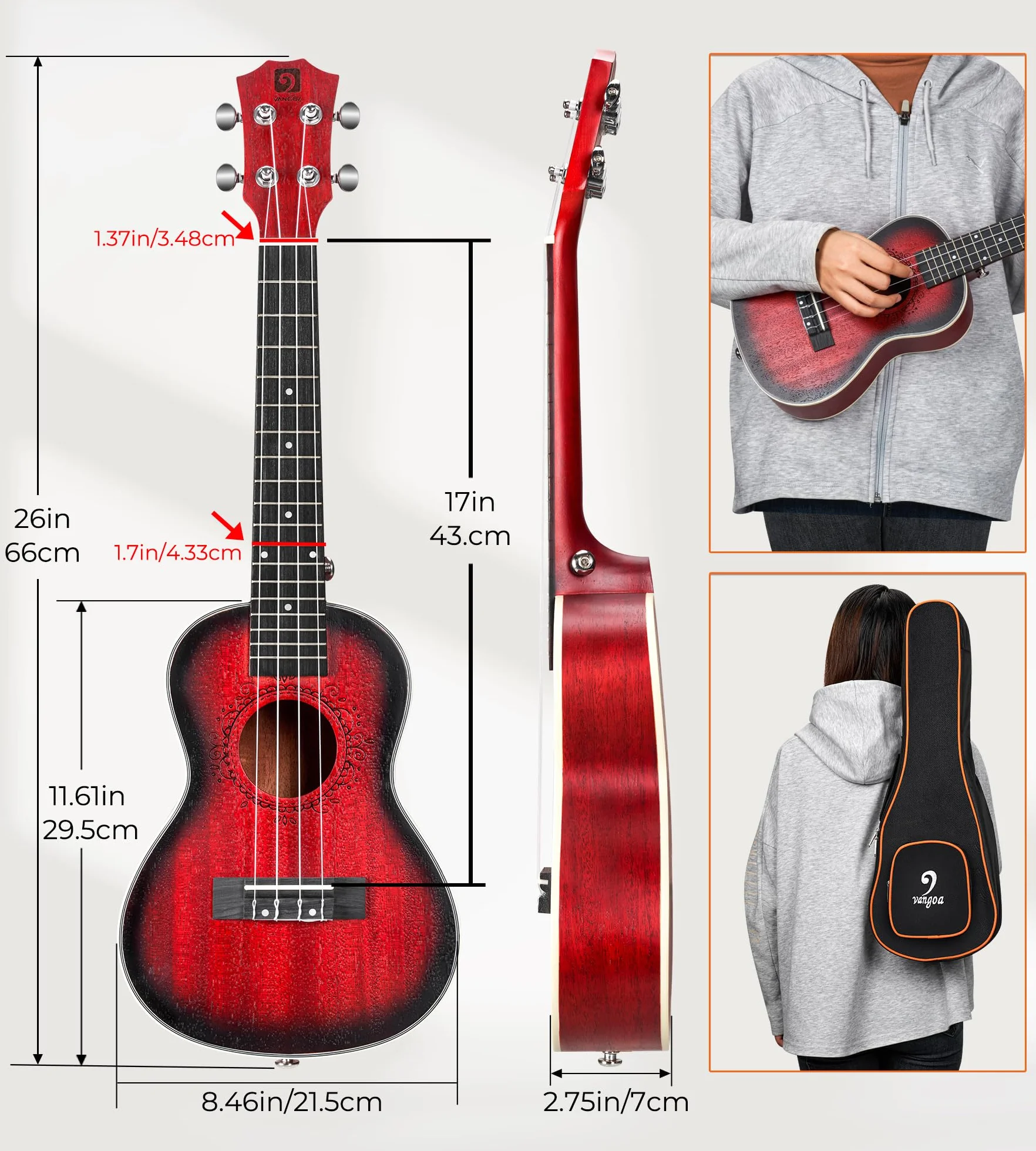 Vangoa Ukulele Tenorowe dla początkujących, 66 cm, zestaw ukulele mahoniowe, profesjonalny hawajski zestaw startowy Uke z torbą, czerwony