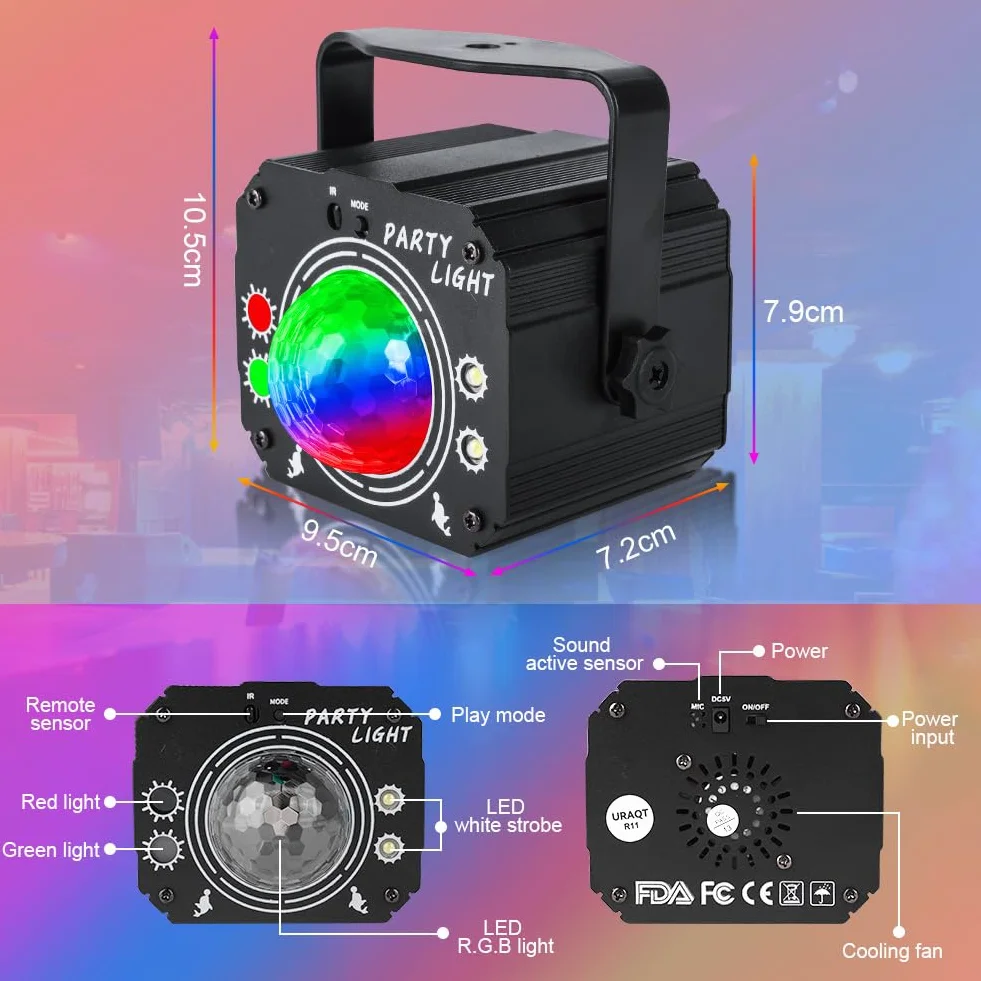 URAQT Kula dyskotekowa, światło imprezowe z pilotem zdalnym, 60 trybów, sterowanie muzyką, kabel USB 2 m, 360° RGB, oświetlenie imprezowe do klubu