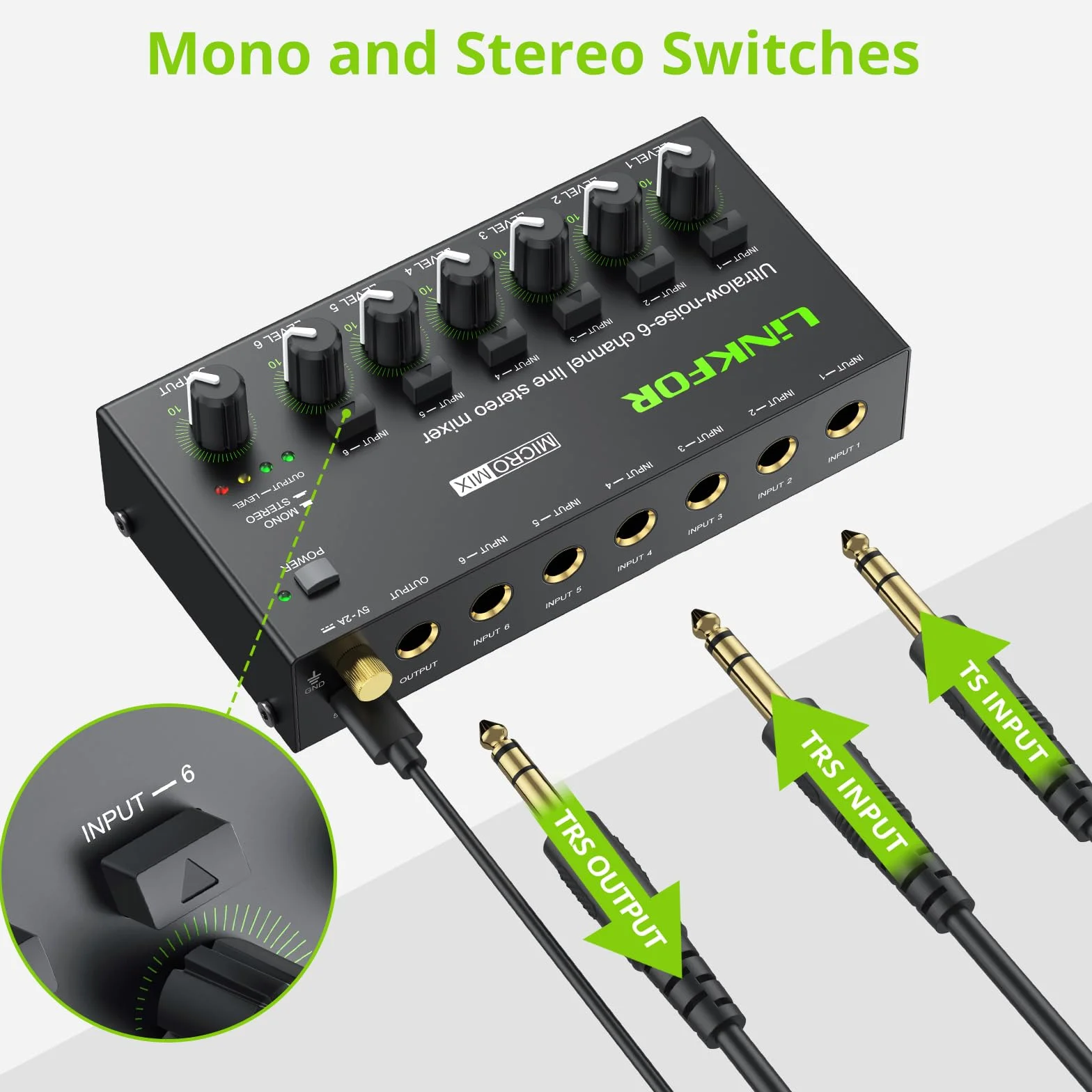 LiNKFOR 6-kanałowy mini mikser audio stereo przełącznik stereo / monofoniczny mikser audio 6 x 1 z kablem audio 6,35 mm, niezależna regulacja głośności do miksowania w klubie barowym