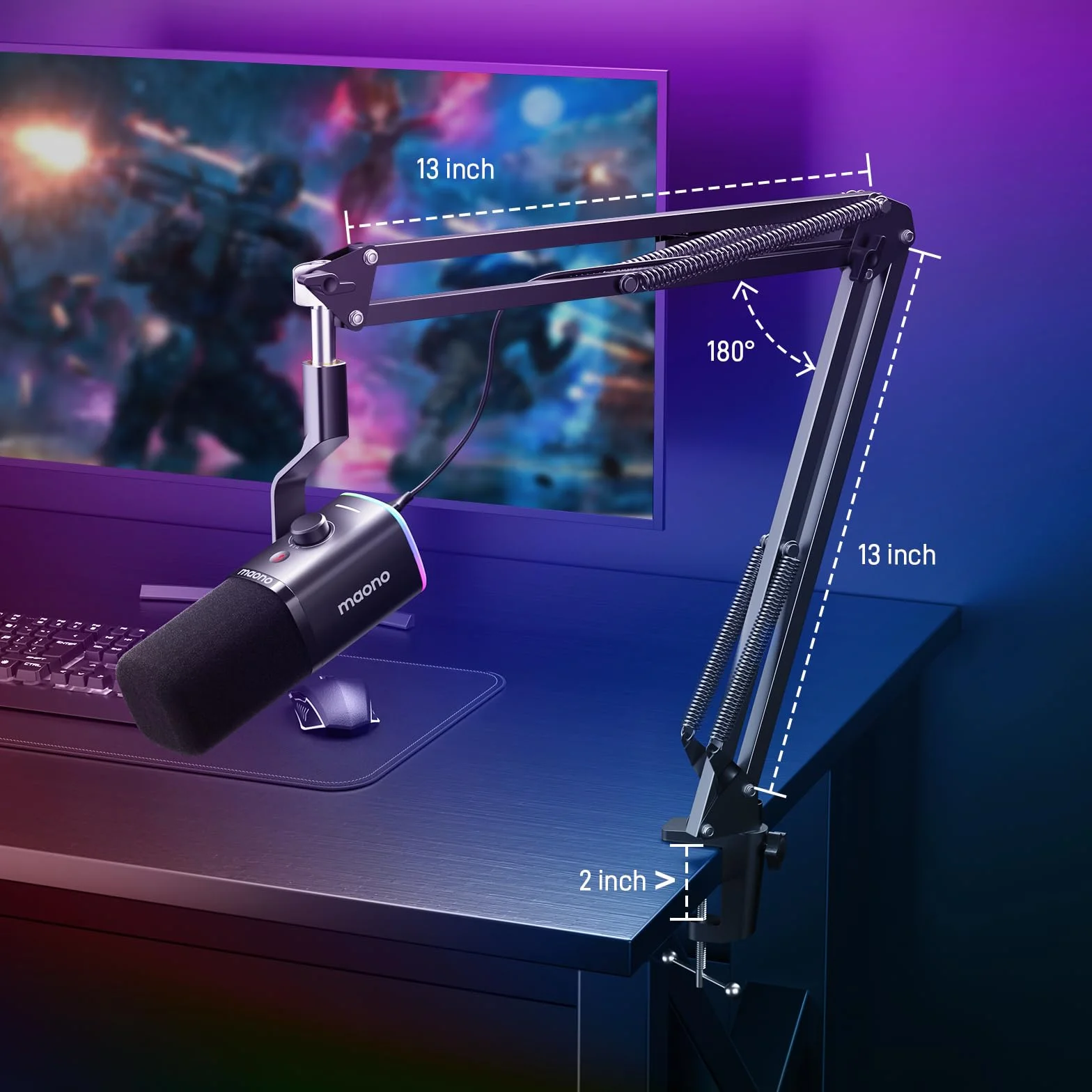 MAONO Dynamiczny mikrofon gamingowy XLR/USB z ramieniem wysięgnika, przycisk wyciszenia, sterowanie wzmocnieniem, RGB PC