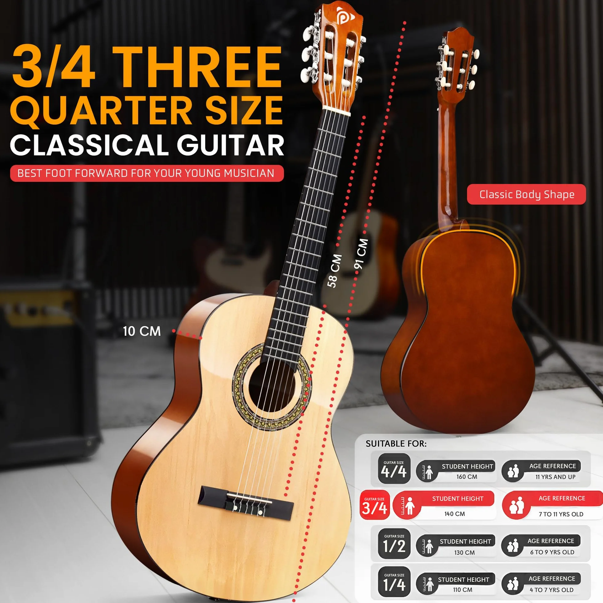 Beginner 36” Classical Acoustic Guitar - 3/4 Junior Size 6 String Linden Wood Guitar w/Gig Bag, Tuner, Nylon Strings, Picks, Strap, For Beginners, Adults