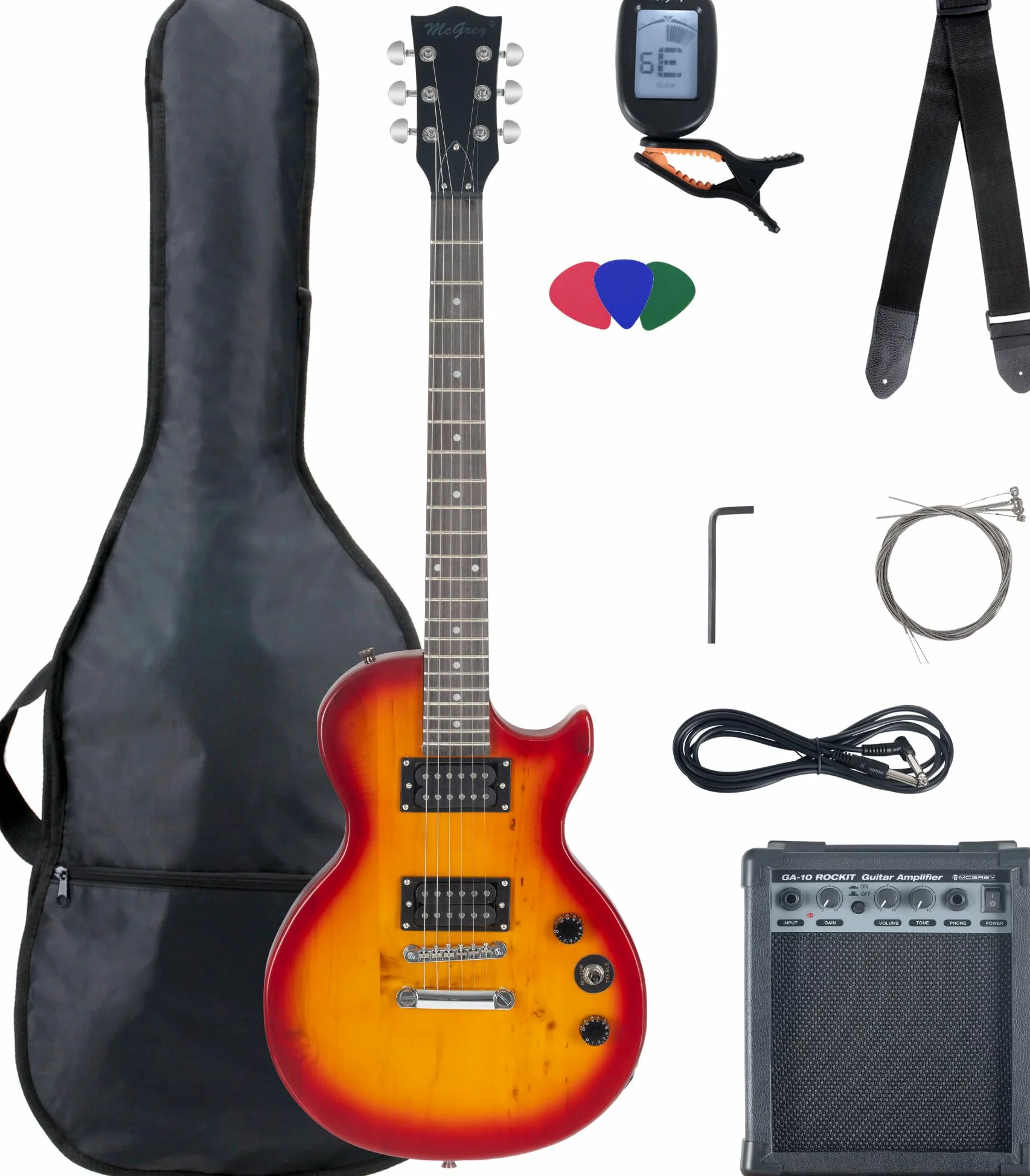 McGrey Rockit Single Cut Kompletny zestaw do gitary elektrycznej (8 sztuk, dla początkujących, z gitarą, wzmacniaczem, zapasowymi strunami, tunerem, kostkami, paskiem i kablem) Orange Burst