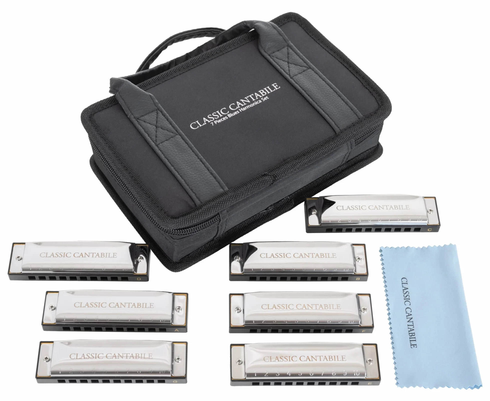 Classic Cantabile AHBS-7 Alabama Blues Harmonica zestaw 7 harmonijek diatonicznych - 10 mosiężnych języków - stal nierdzewna - etui