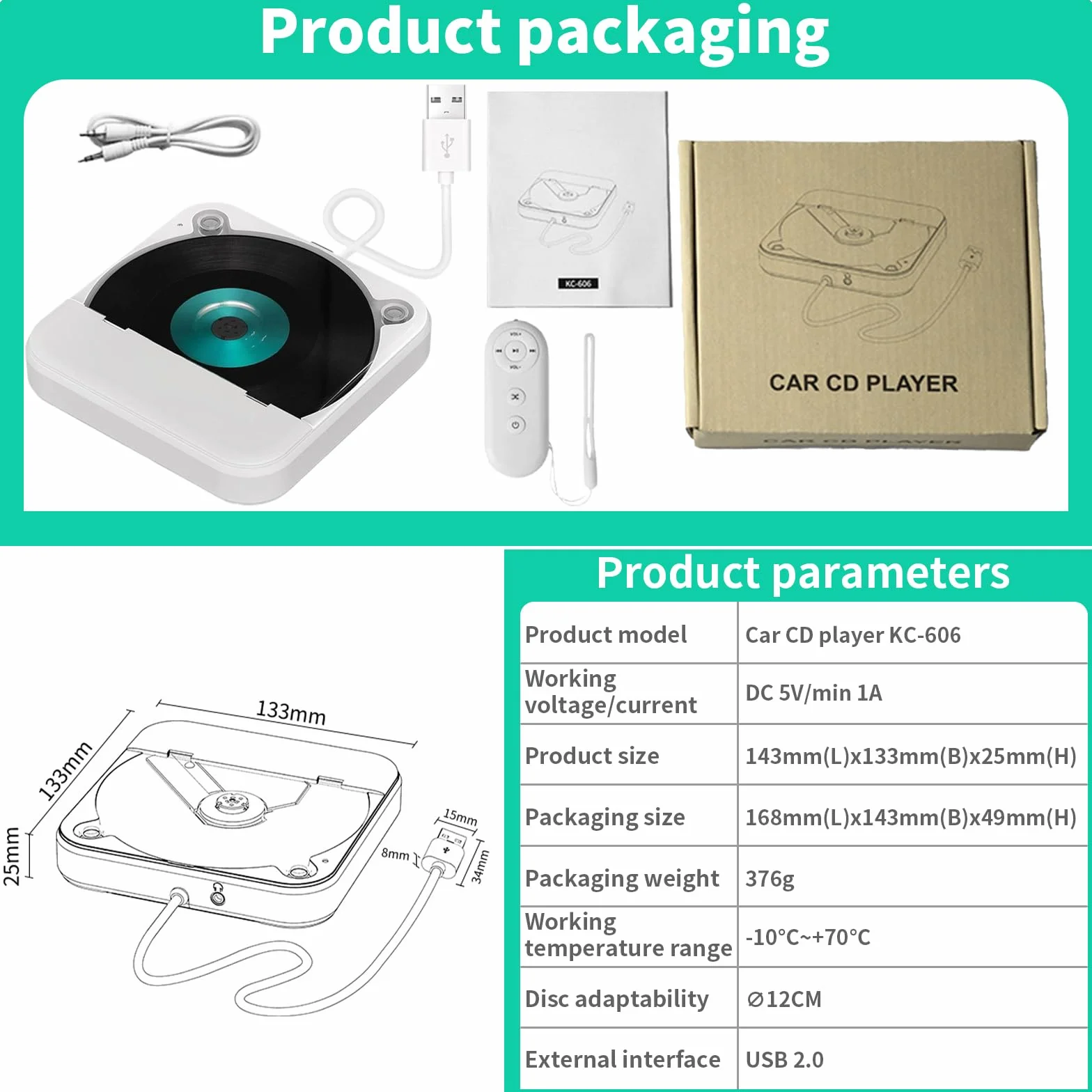 samochodowy odtwarzacz CD z portem USB/AUX, zewnętrzny, uniwersalny odtwarzacz CD z pilotem zdalnego sterowania, do samochodów osobowych, ciężarowych, laptopów, komputerów, telewizorów, napędu