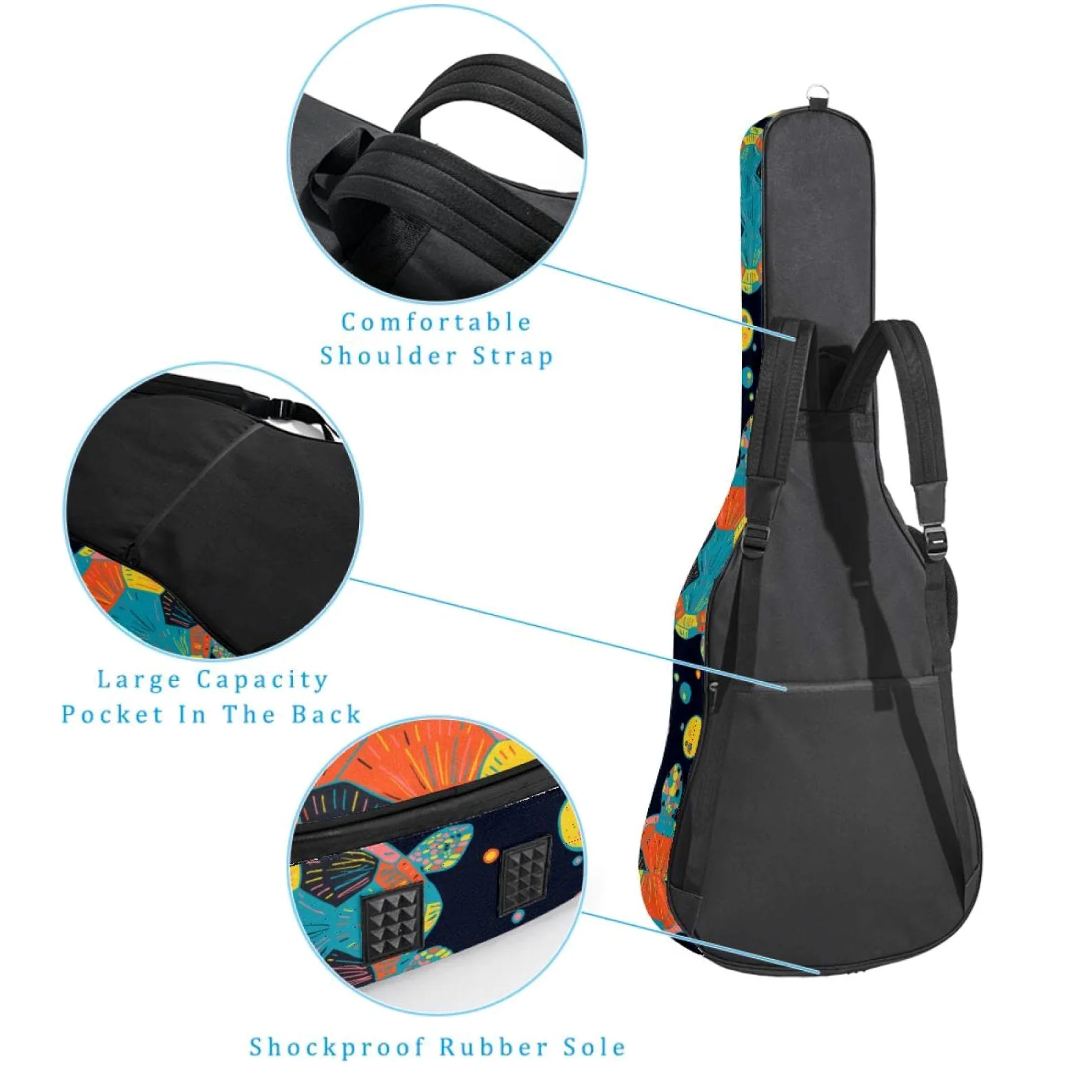 Torba na gitarę akustyczną, wodoodporny plecak na gitarę, gruby, miękki, wyściełany, małe, białe kropki na czarnym etui na gitarę klasyczną, Kolor8, 42.9x16.9x4.7 in, Organizer do torby