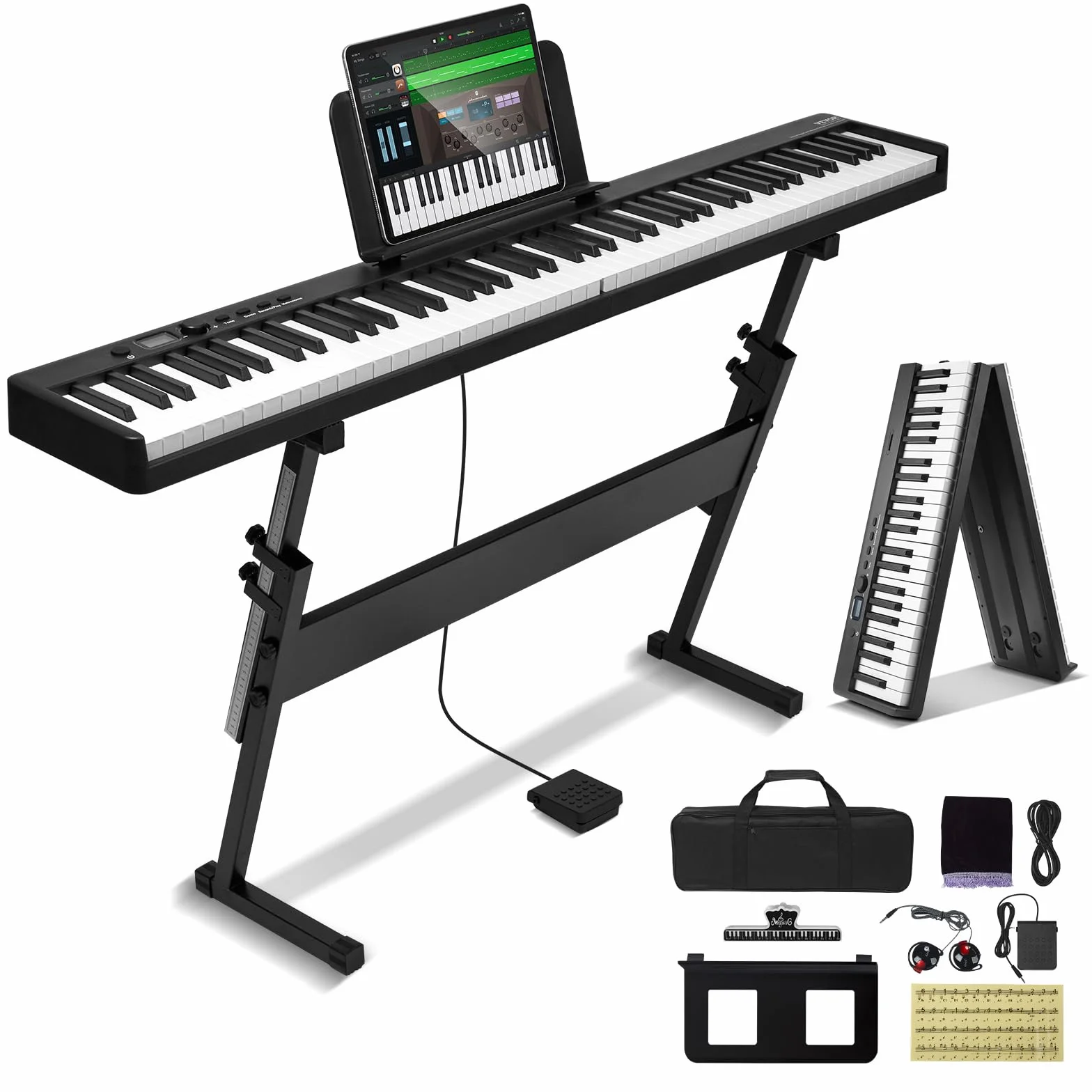 VEVOR 88 składanych klawiszy klawiatury fortepianu, Bluetooth i MIDI, cyfrowe pianino z podstawką na Sustain czułe na dotyk przyciski torby, akumulator dla początkujących nastolatków dorosłych,