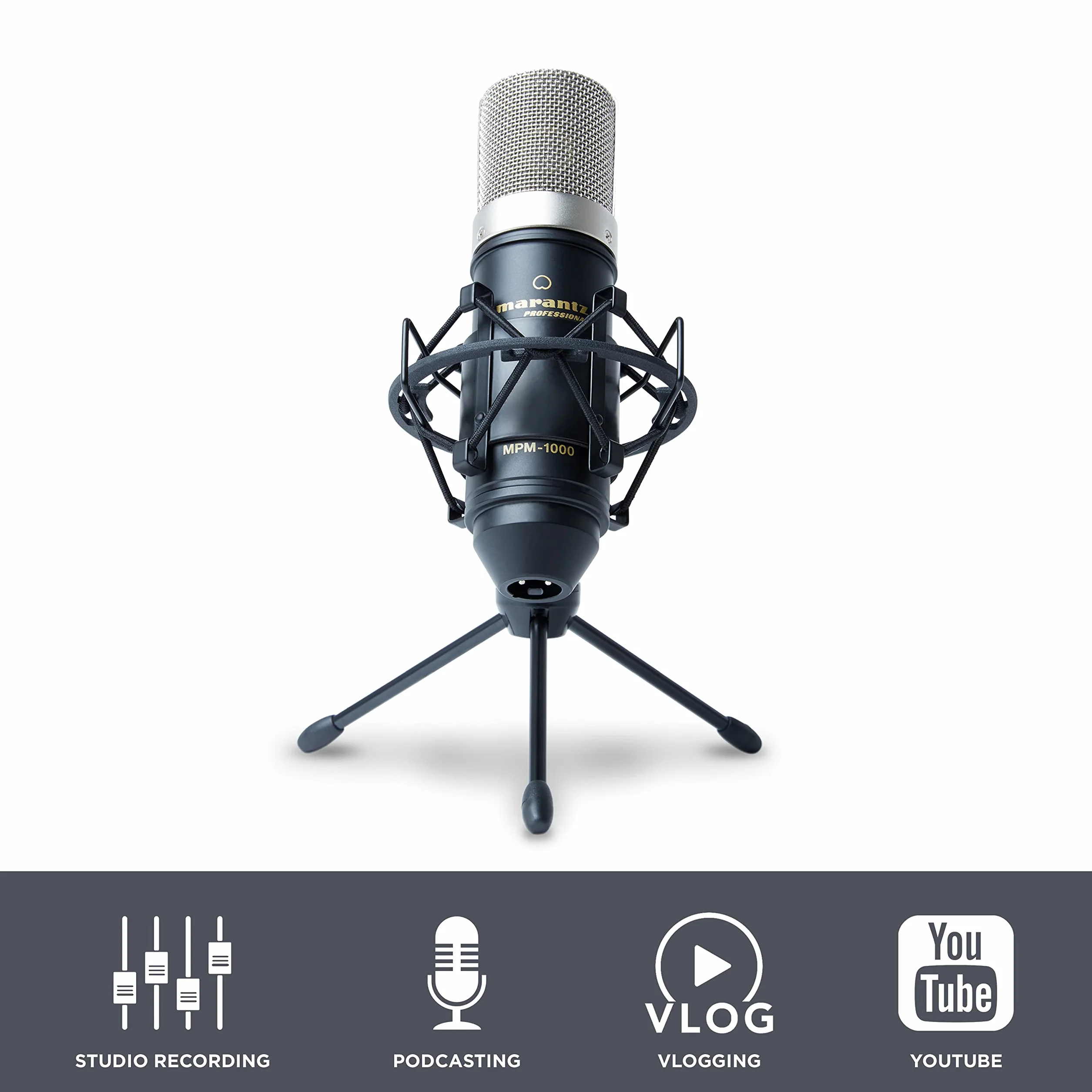 Marantz Professional MPM-1000 – Studyjny mikrofon pojemnościowy z podstawką biurkową i kablem – do podcastów i streamingu