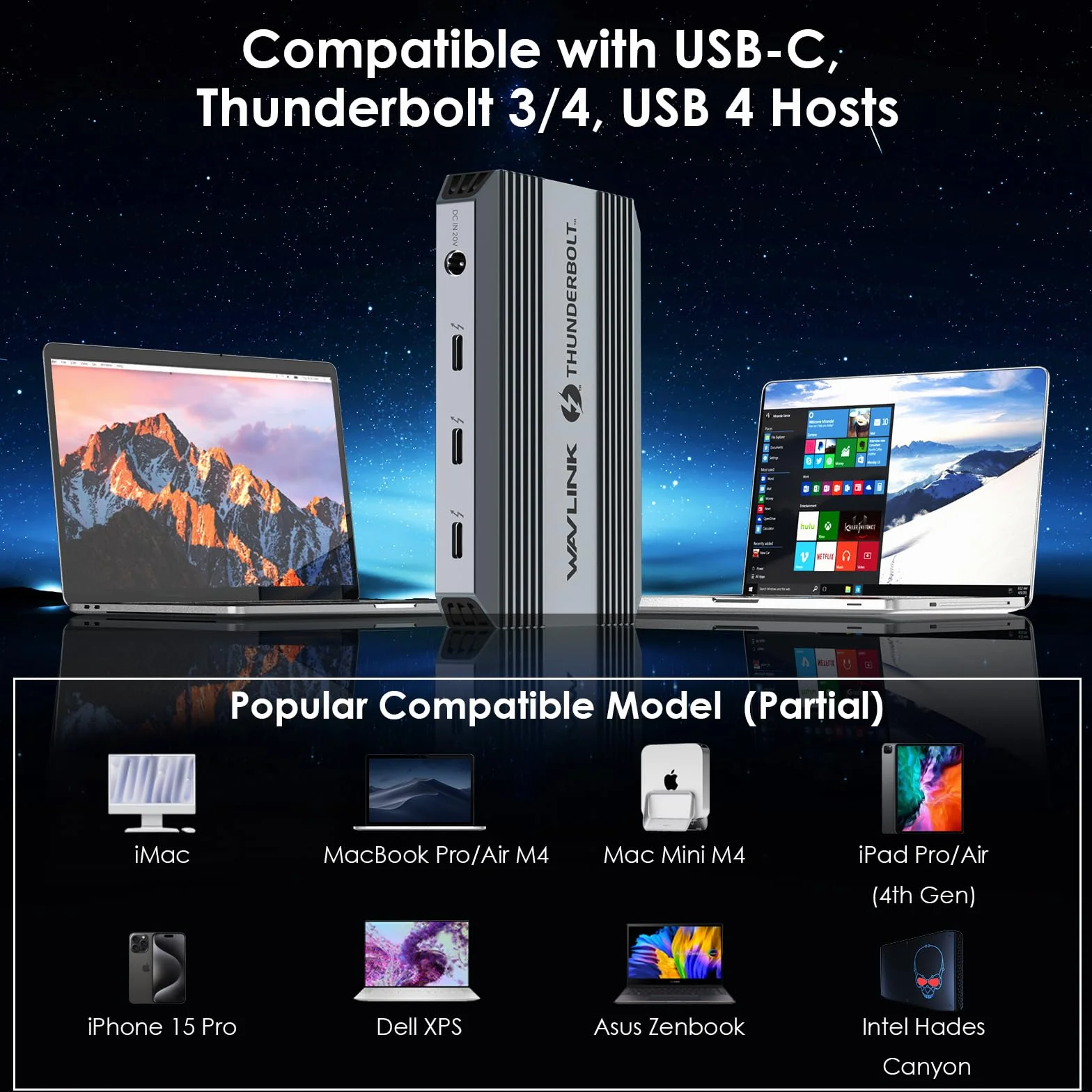 Stacja dokująca Thunderbolt 4, WAVLINK Hub USB C z podwójnym wyświetlaczem 4K@60Hz, dostarczanie mocy 100W, USB-A 3.2 Gen 2, do MacBook Pro/Air M1 M2 M3, laptop Thunderbolt 4/3