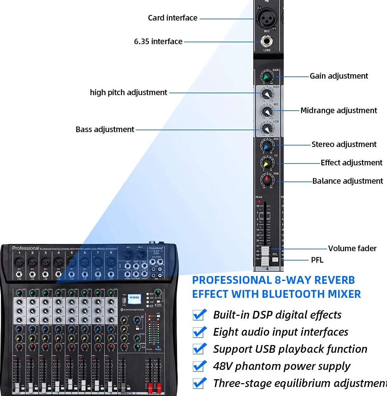 Depusheng DT8 profesjonalny mikser soundboard, konsola, 8-kanałowy system stołowy, interfejs cyfrowy, USB dla komputera i MP3, wejście Phantom 48 V, kolor czarny