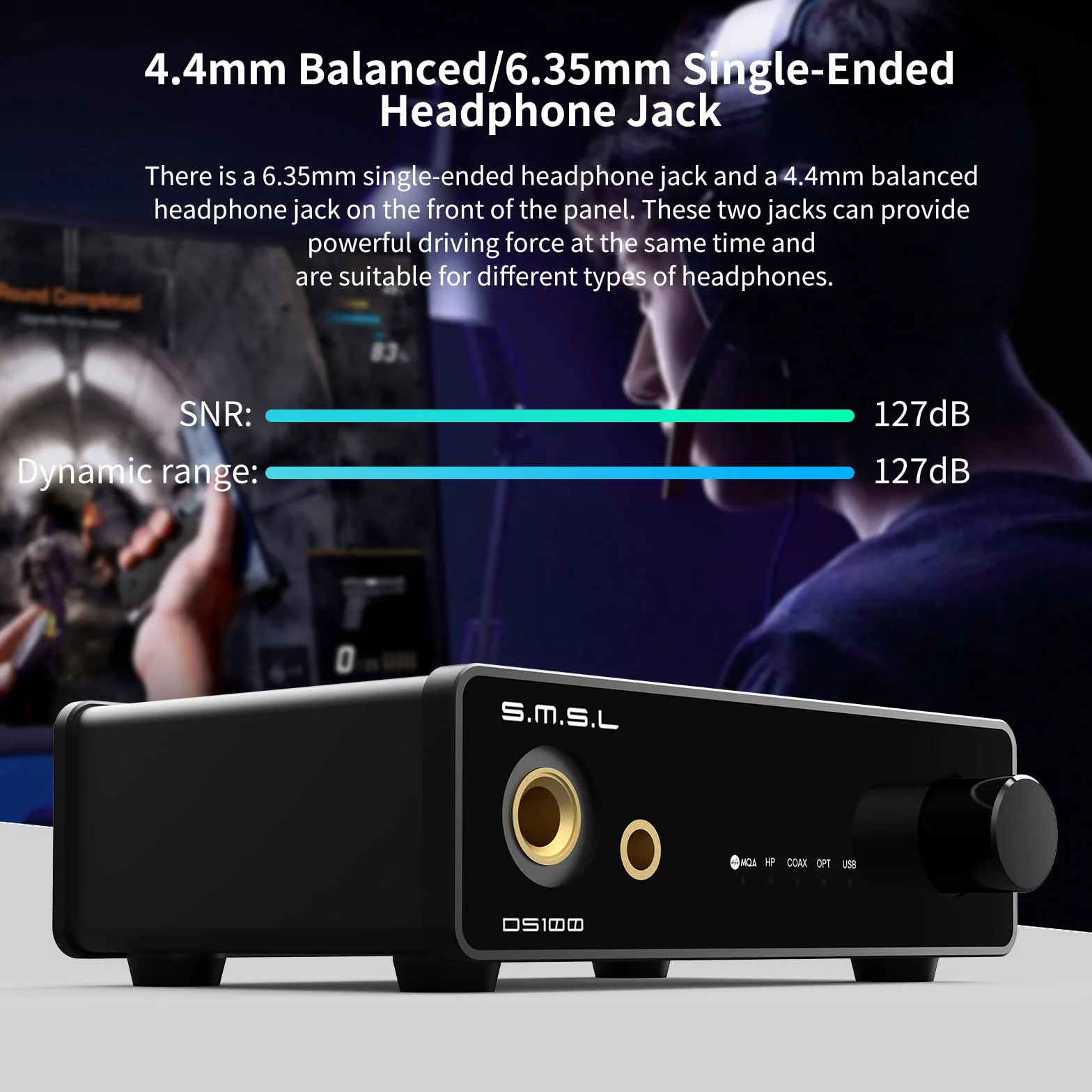 S.M.S.L DS100 USB MQA DAC z układem CS43131, wzmacniacz słuchawkowy 6,35 mm i 4,4 mm Obsługa MQA CD XMOS XU-316 32bit/768kHz DSD256 Wejście USB/optyczne/koncentryczne Mini DAC THD+N 0,00017%
