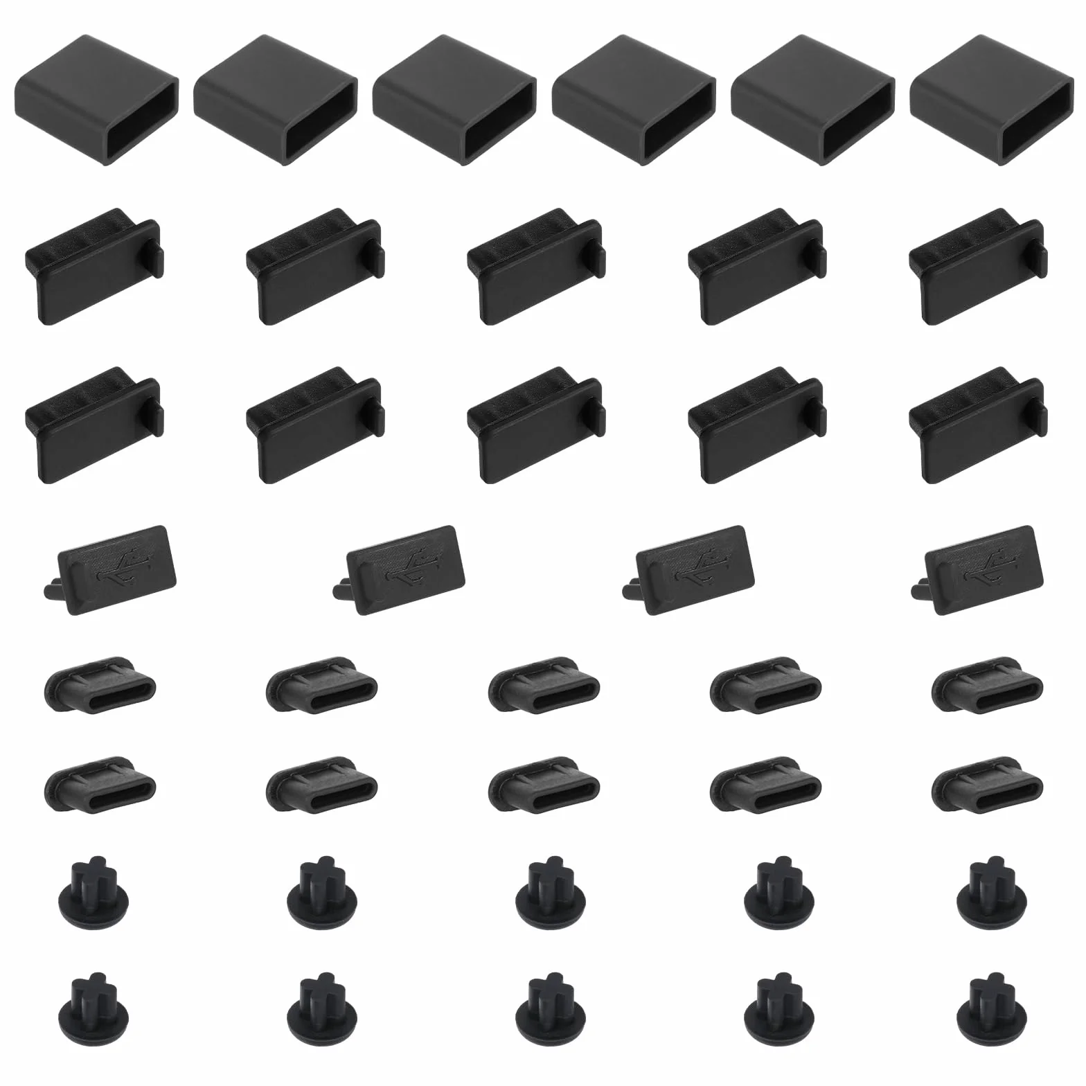 Bewudy 40 szt. 5 rodzajów antykurzowych zatyczek do gniazd USB, zatyczki do gniazd USB Type-C, zatyczki do gniazd USB z pyłoszczelnymi kołkami, silikonowe osłony portów USB do żeńskiego i męskiego