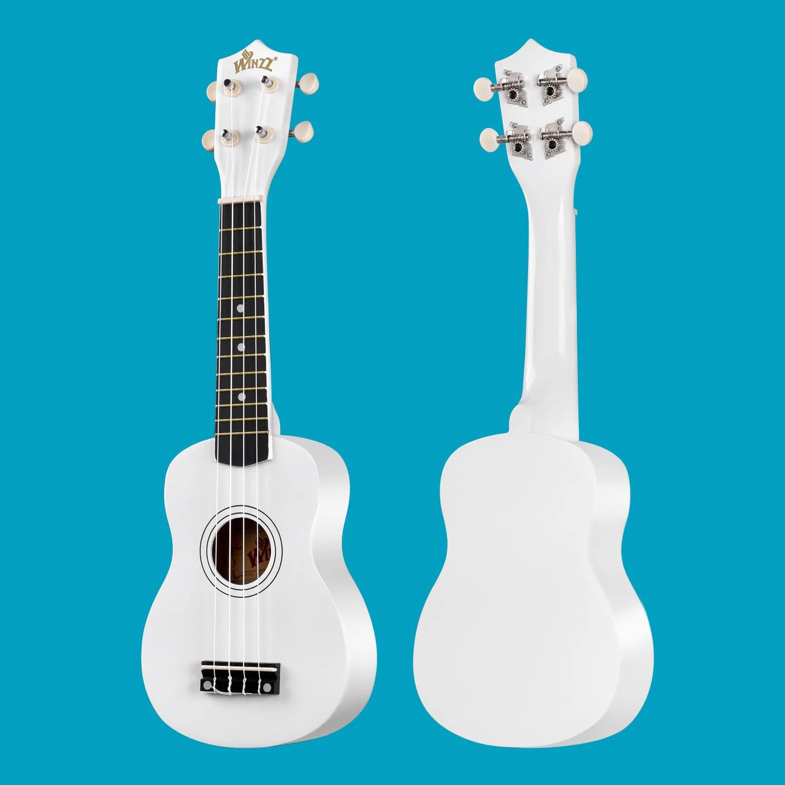 Winzz ukulele sopranowe, zestaw startowy dla początkujących z pokrowcem, urządzeniem do strojenia, dodatkowymi strunami, paskiem, plektronem, naklejkami na próg, arkuszem z chwytami