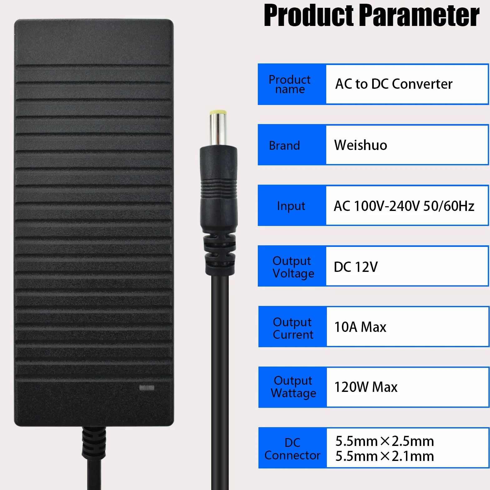 Zasilacz AC 100-240V do 12V 10A Transformator 120W Uniwersalny zasilacz z wtyczką 5,5 x 2,5 mm do taśm LED, kamer, DVD, ekranów LCD i innych