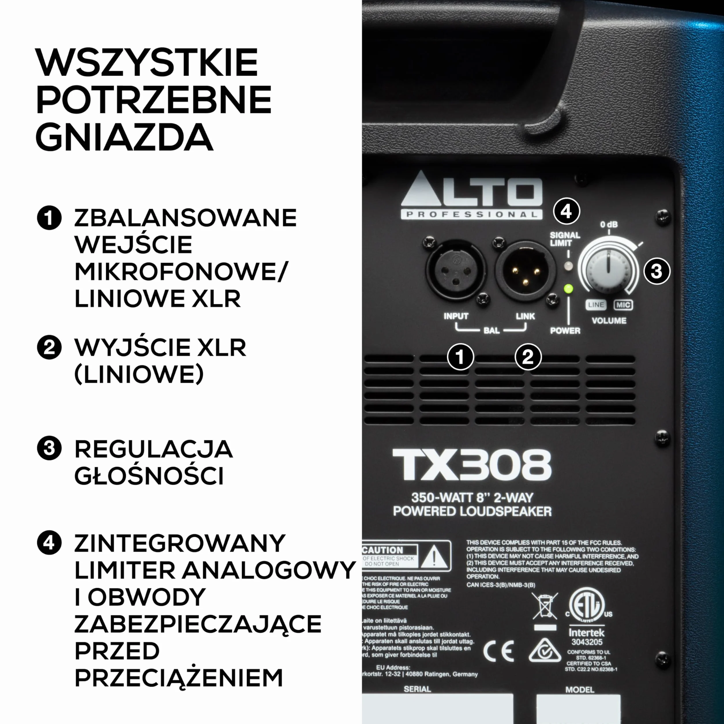 ALTO TX308 350W, 8" 2-Drożny Głośnik PA z Ogranicznikiem Sygnału i Wyłączanym Mikrofonowym Przedwzmacniaczem Liniowym i Wej/Wyj XLR